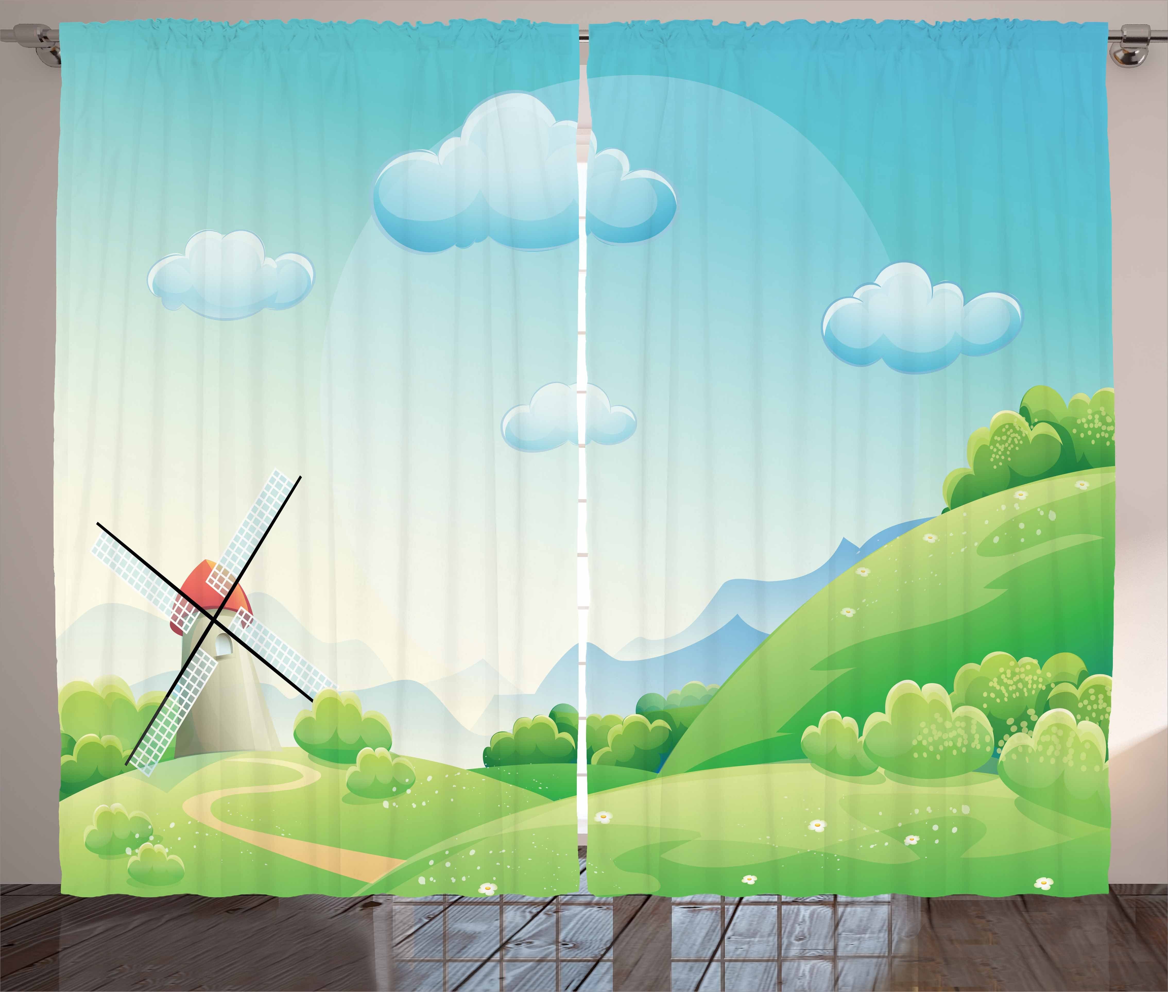 Cartoon Abakuhaus, Land-Landschaft Gardine Schlaufen und Kräuselband Vorhang mit Wolke Schlafzimmer Haken,