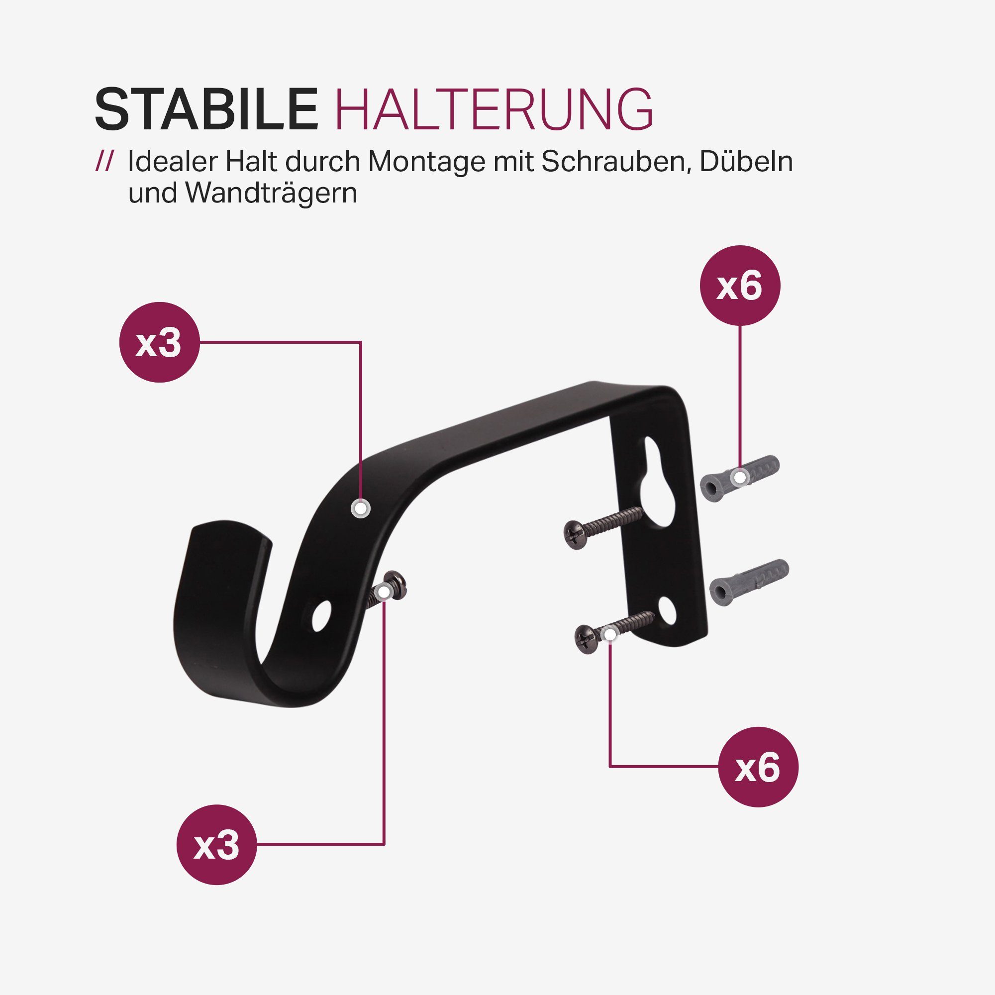 Bestlivings Gardinenstange mit dekorativen Endstücken 120-220 cm, Ø 16 mm, 1-läufig, ausziehbar, Wandträger, verschraubt, Metall, inkl. Ringe mit Faltlegehaken  – Bild 5 von 5