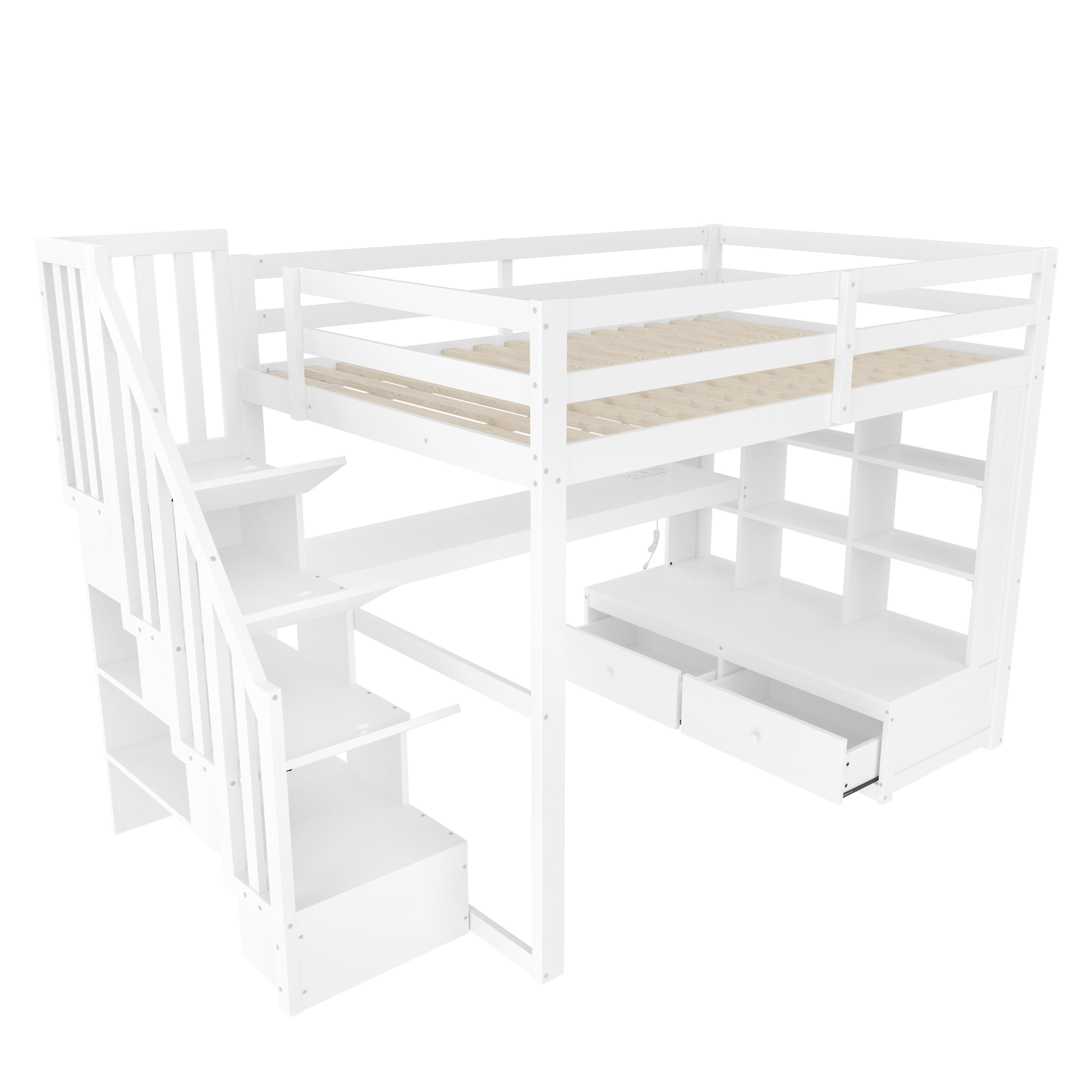 Merax Loft Bed 140x200 with LED (1 pc., House Bed Bunk Bed Youth Bed) Wooden Children's Bed with Desk Shelves Drawers Storage Stairs