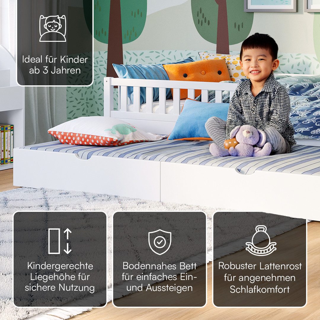 Bellabino Kinderbett Vils mit Lattenrost und Rausfallschutz 90x200 cm (weiß, inkl. Gästebett 90x190, optional mit Matratze), aus Kiefer Massivholz