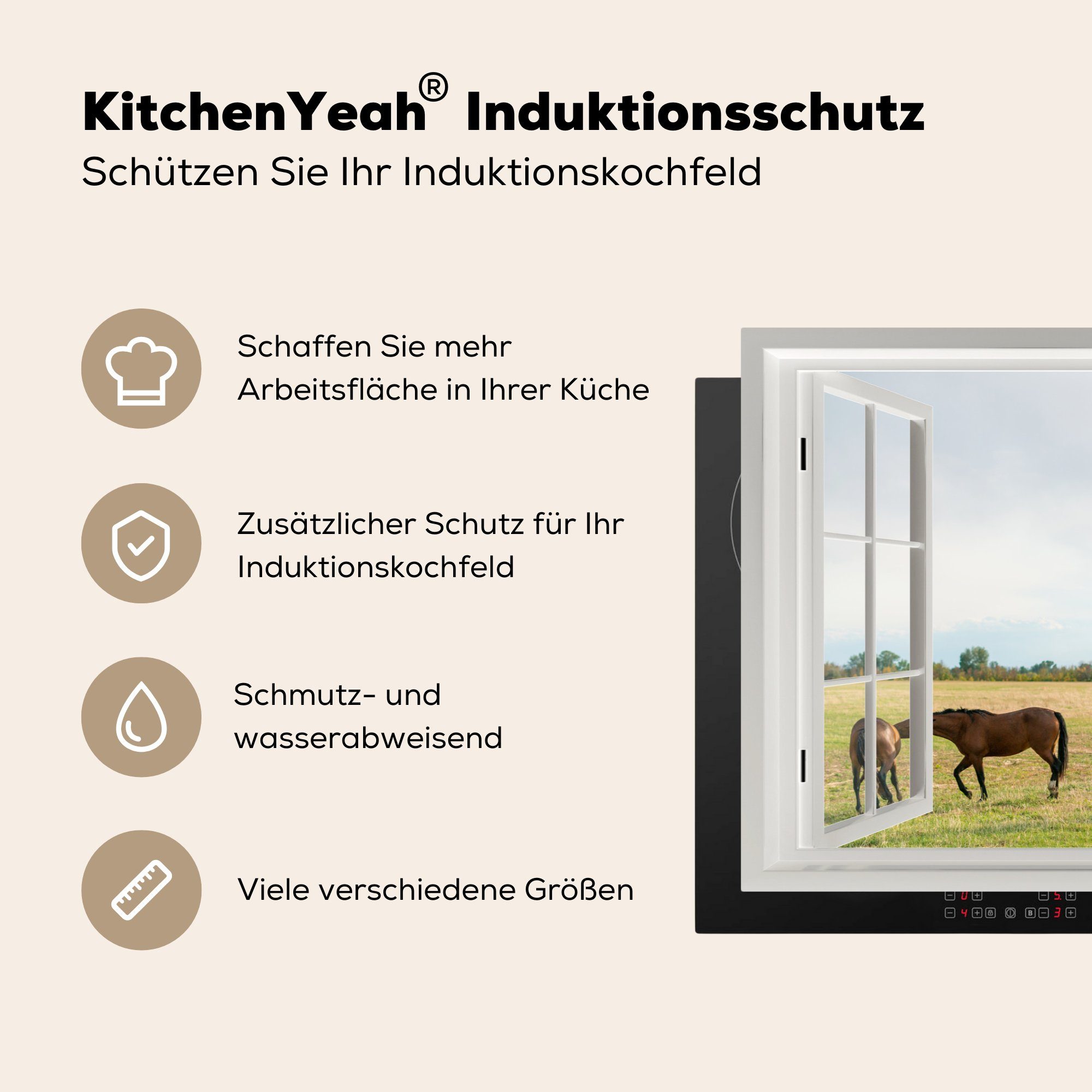 Schutz Vinyl, für 81x52 Ceranfeldabdeckung Pferde Gras, MuchoWow tlg), Aussicht die küche, - cm, - (1 Induktionskochfeld Herdblende-/Abdeckplatte
