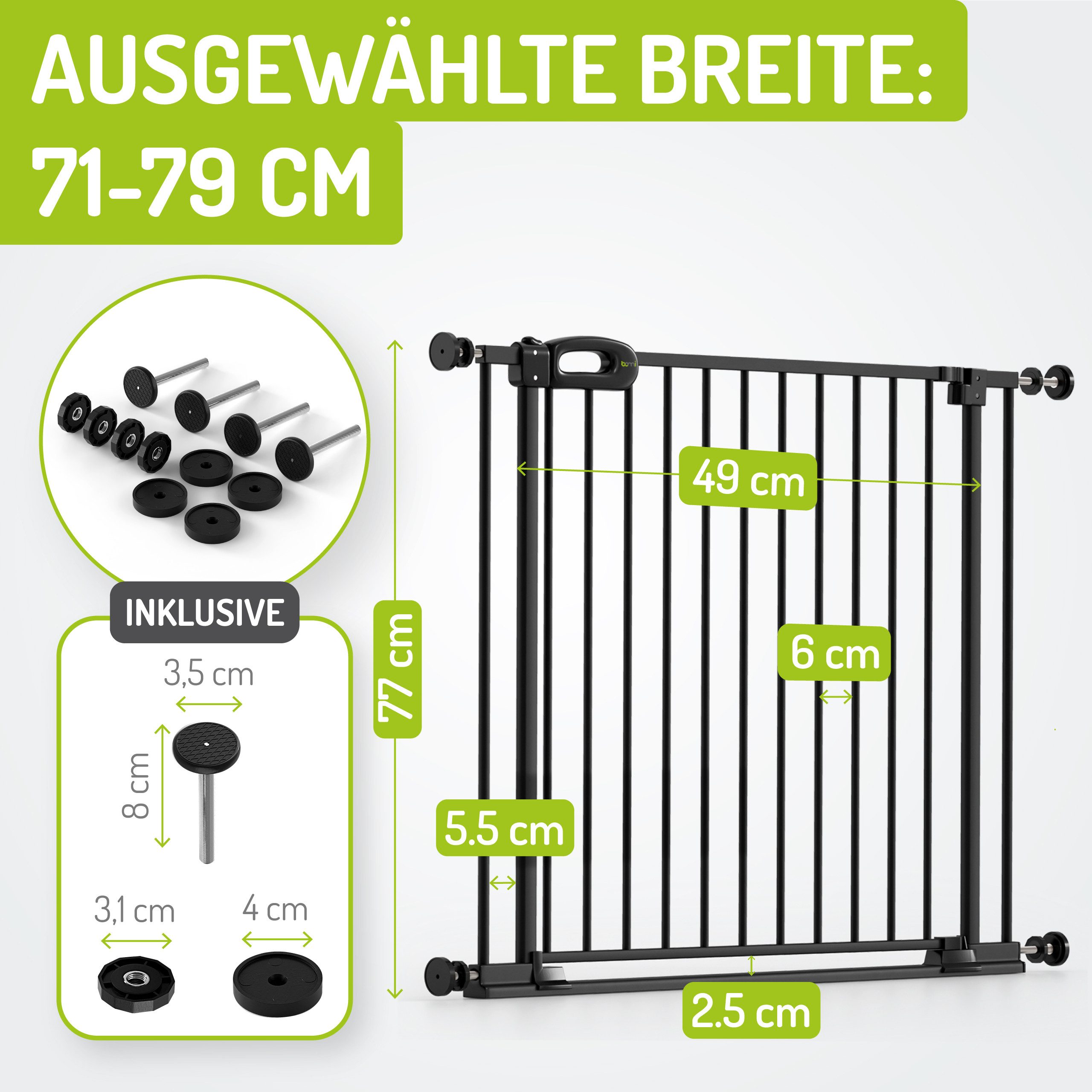 BOMI Türschutzgitter Treppenschutzgitter Merle Flatstep, Babygitter flacher Steg, 63-217 cm (verschiedene Größen, klemm- & verschraubbar), 2-Wege-Öffnung, geprüftes Kindergitter, extra breiter Durchgang