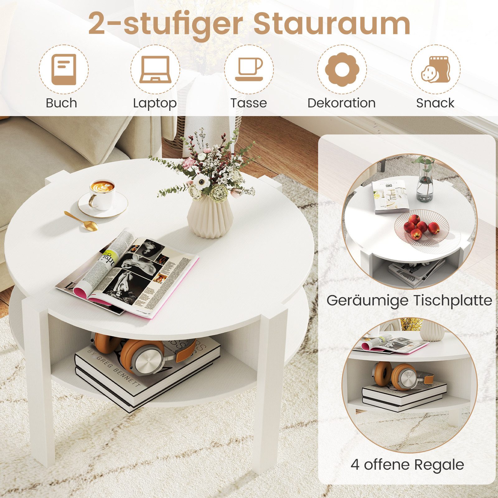 COSTWAY Couchtisch, Rund mit Stauraum, Wohnzimmertisch Holz, weiß