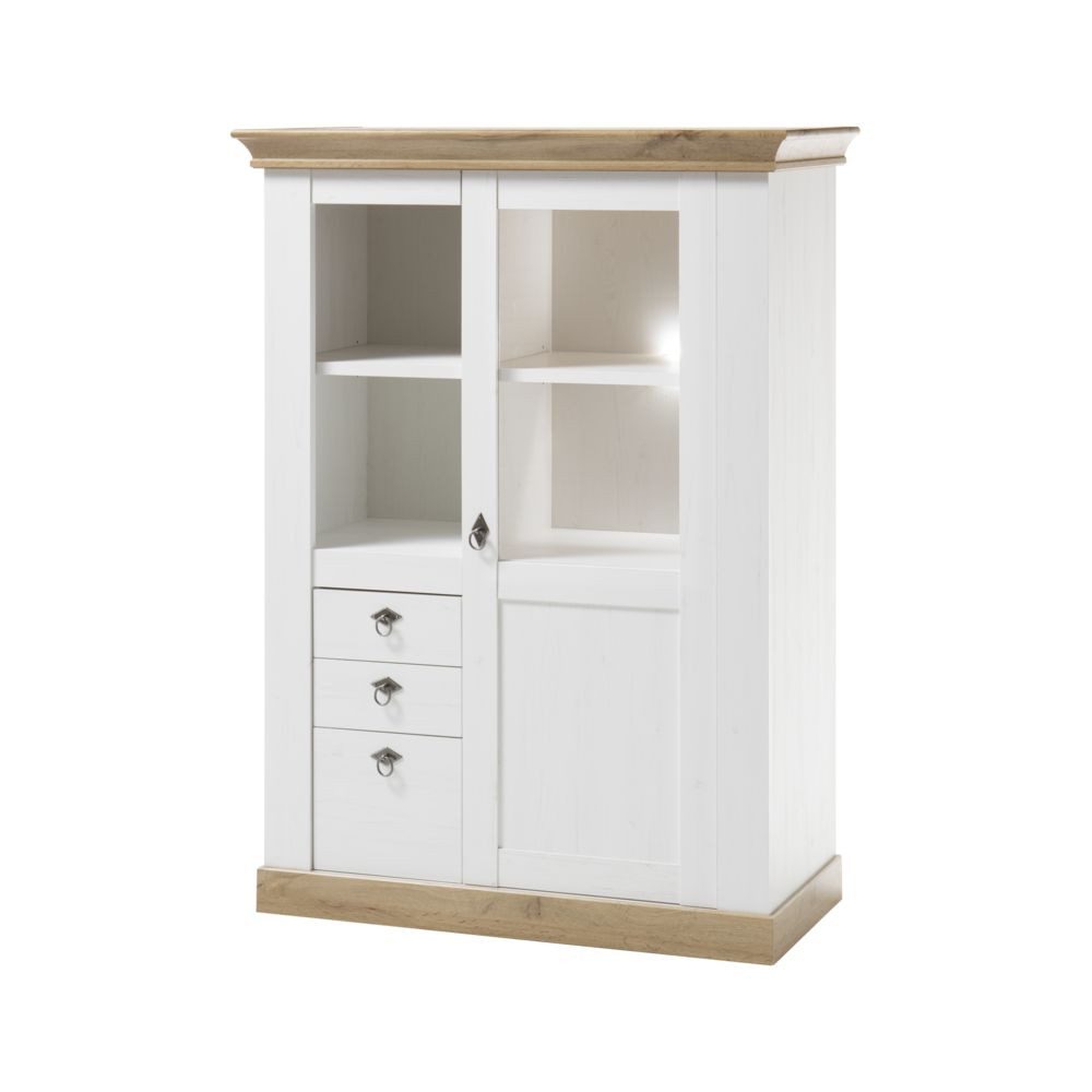Lomadox Highboard LINARES-61, Landhaus in Pinie weiß / Wotan Eiche Nb. inkl. LED - : 102/139/44 cm