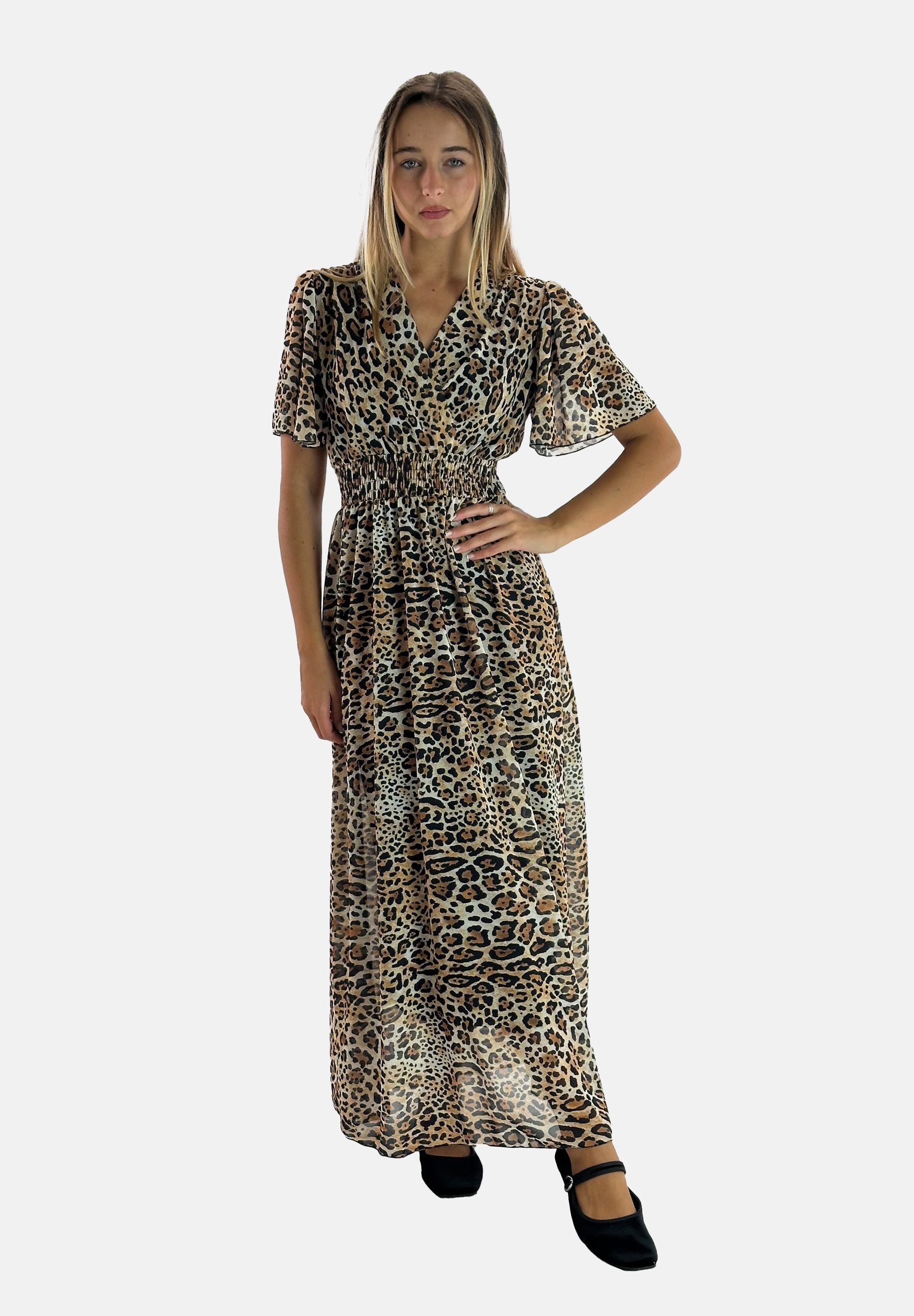 Elara Maxikleid — Damen Sommerkleid gemustert mit Wickeloptik & Smoktaille (1-tlg)