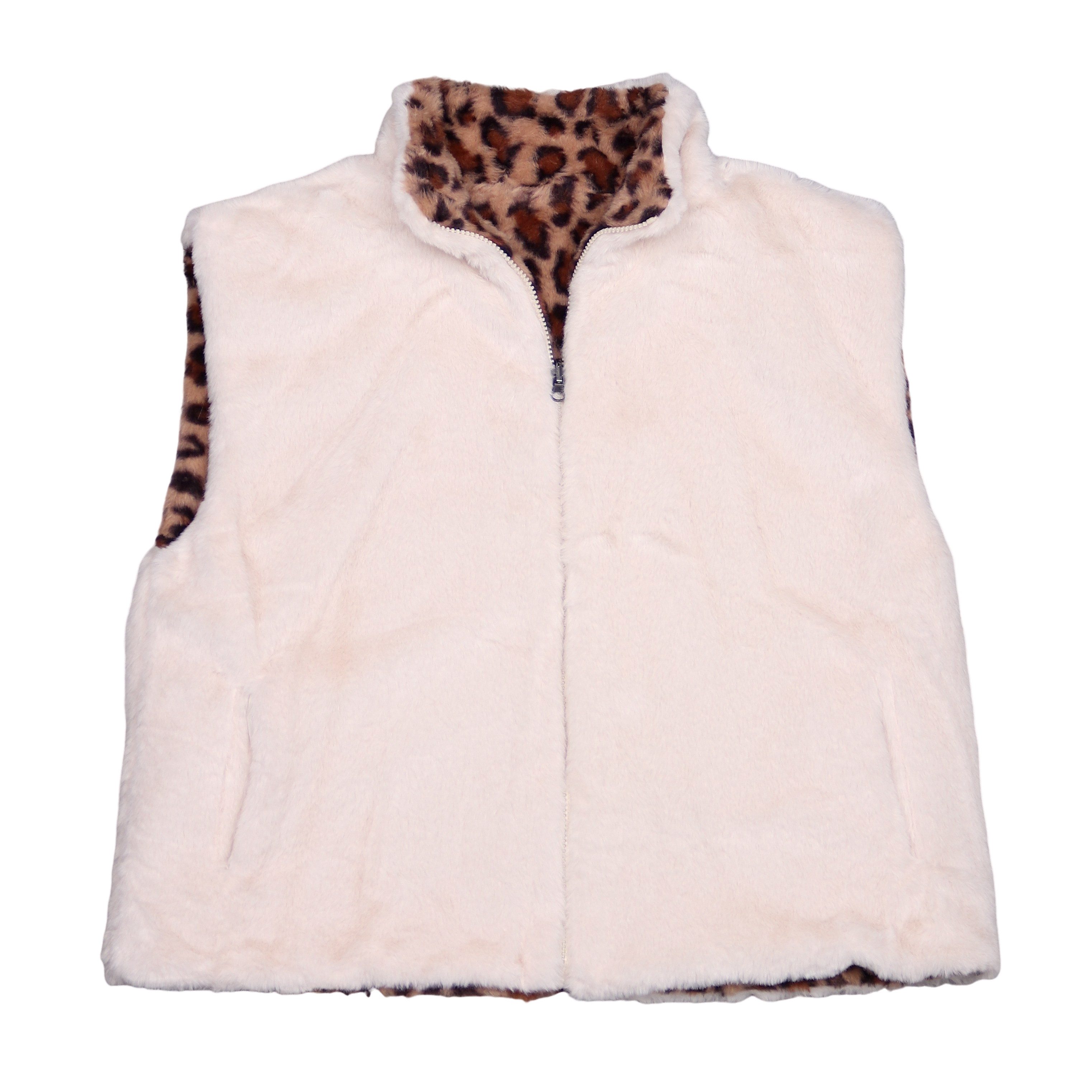 MIRROSI Plüschweste Damen Wendeweste Plüsch – Teddy Weste mit Leo Muster (One Size – passend ca. für Größe 38, 40,42 und 44) beidseitig tragbar – Reißverschluss & 4 Taschen