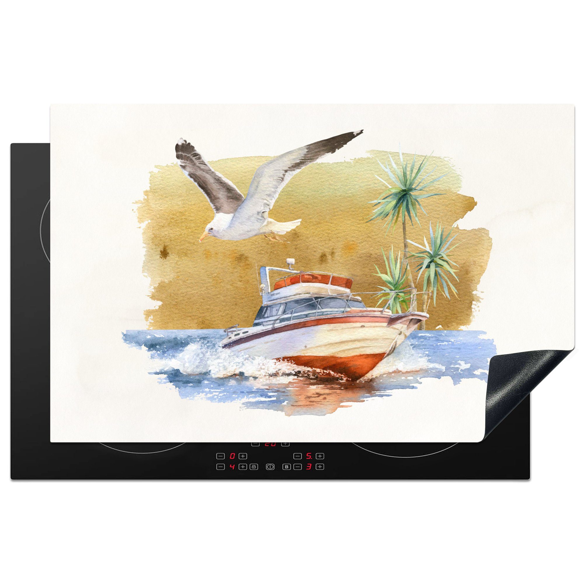 MuchoWow Herdblende-/Abdeckplatte Boot - Vogel - Aquarell, Vinyl, (1 tlg), 81x52 cm, Induktionskochfeld Schutz für die küche, Ceranfeldabdeckung