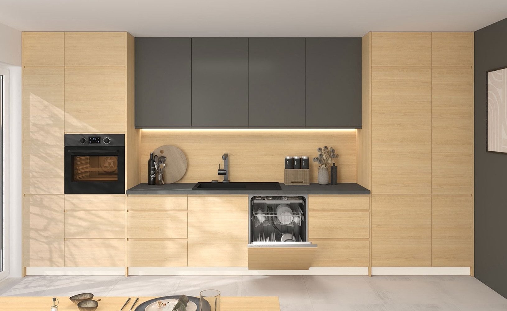 Feldmann-Wohnen Küchenzeile Arezzo, (Soft-Close-Funktion, HETTICH InnoTech Atira-System, Gasdruckdämpfer), 406x60x243cm Korpus weiß / Front Vicenca Eiche - graphit matt