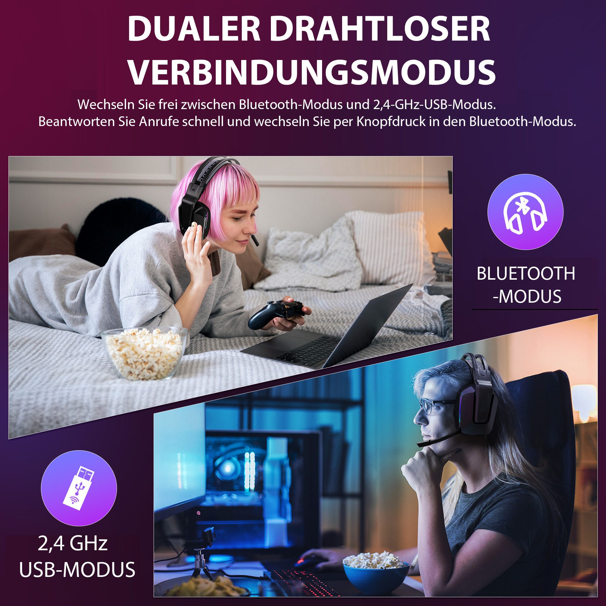 ANYSUN Kabelloses Gaming-Headset Bluetooth Gaming-Kopfhörer Schwarz Gaming-Headset (Headset Mit Mikrofon Geräuschunterdrückung, Bluetooth Headset, für PC/PS4/PS5/Switch, 25H+ Akkulaufzeit)