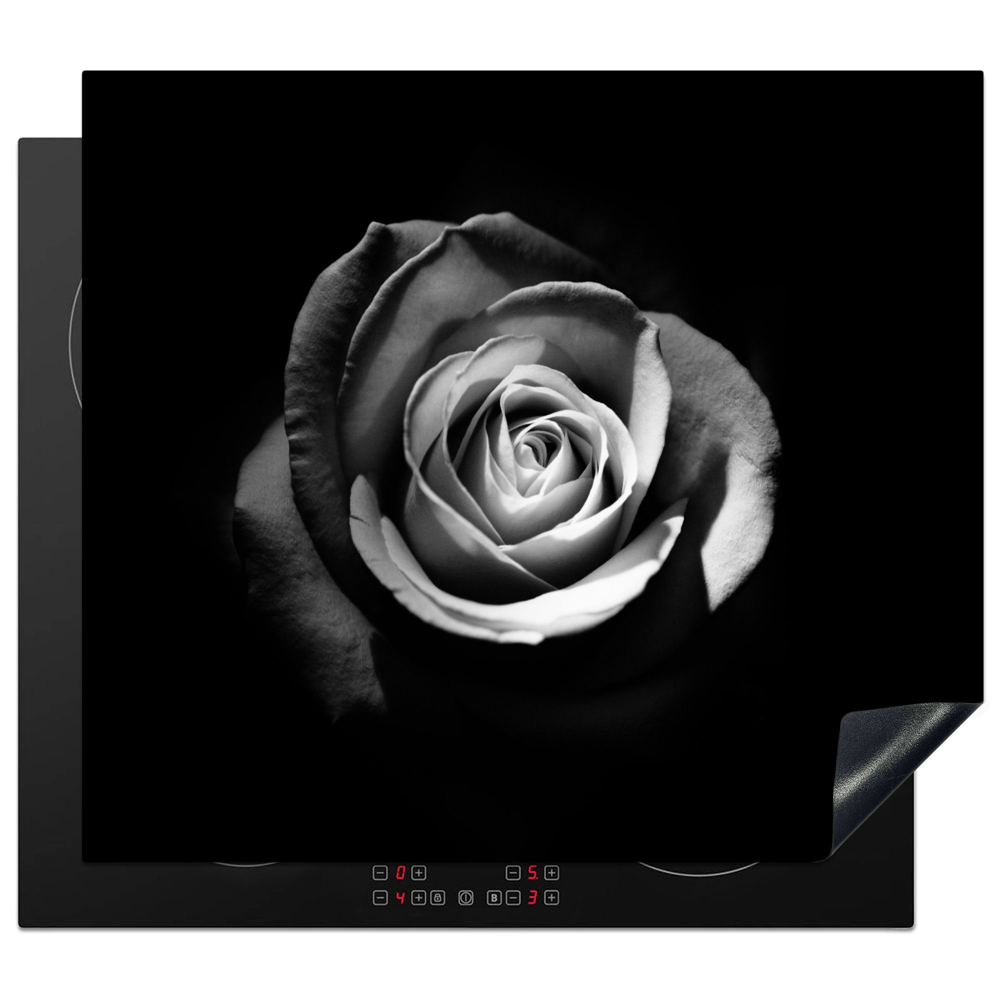 MuchoWow Herd-Abdeckplatte Blumen - Schwarz - Rose - Weiß - Botanisch, Vinyl, (1 tlg), Abdeckplatte für Ceranfeld, Herd Inductionsmatte, 57.6x51.6 cm