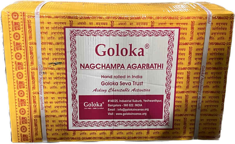 Goloka Räucherstövchen Nag Champa Masala Räucherstäbchen gelb Räucherwerk 16g Duftstäbchen, (12 St)