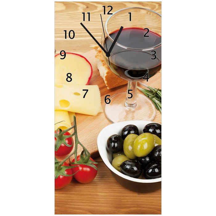 Wallario Wanduhr Uhr aus Acryl - Motiv: Genuss am Abend - Rotwein Käseplatte Oliven und Tomaten (lautloses Uhrwerk)
