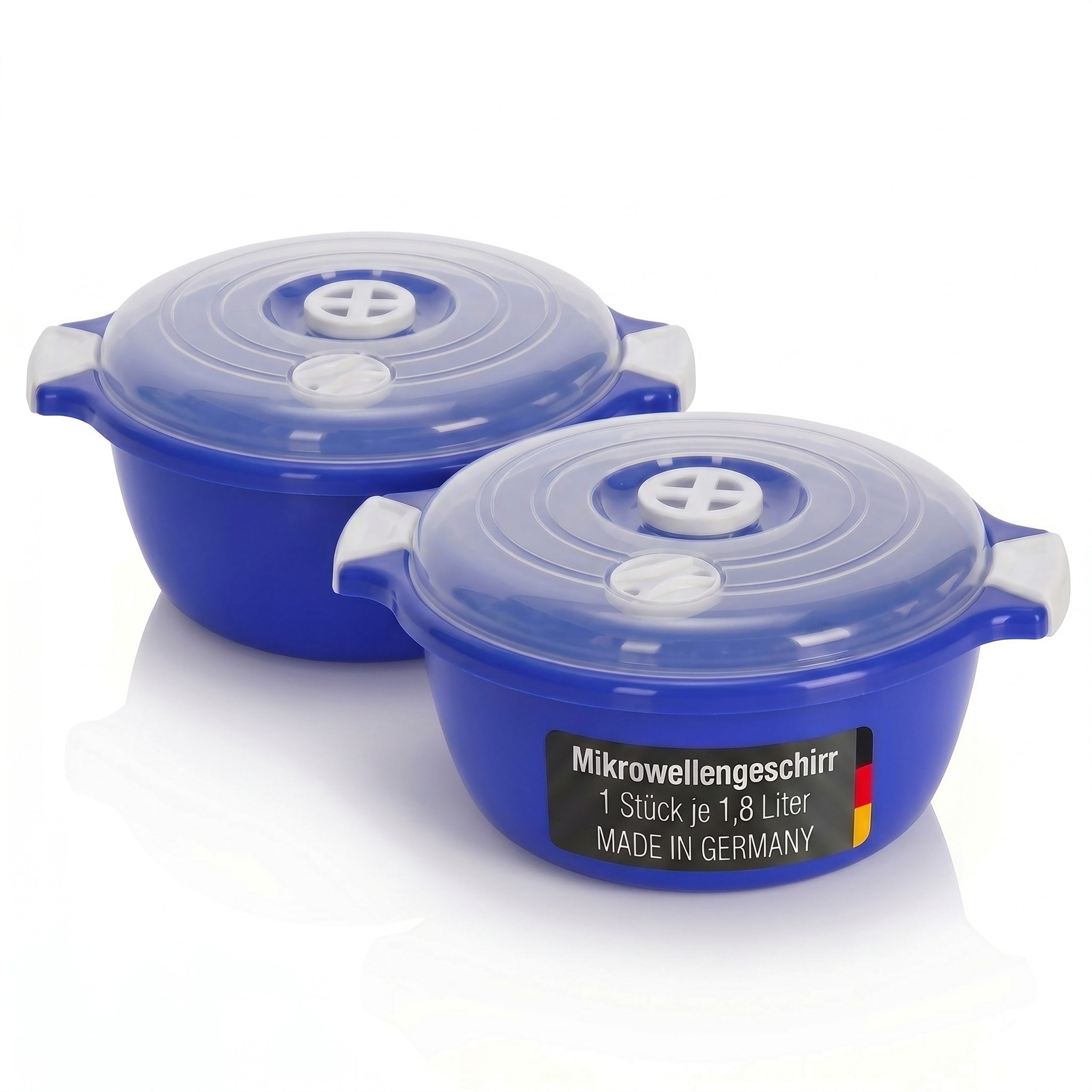 Lantelme Mikrowellenbehälter Mikrowellengeschirr Blau Mikrowellenschüssel mit Dampfventil, (2-tlg., 2 Stück Set Mikrowellenschüssel Volumen 1,8 Liter Volumen), mit Deckel und Dampfventil, Deutsche Herstellung