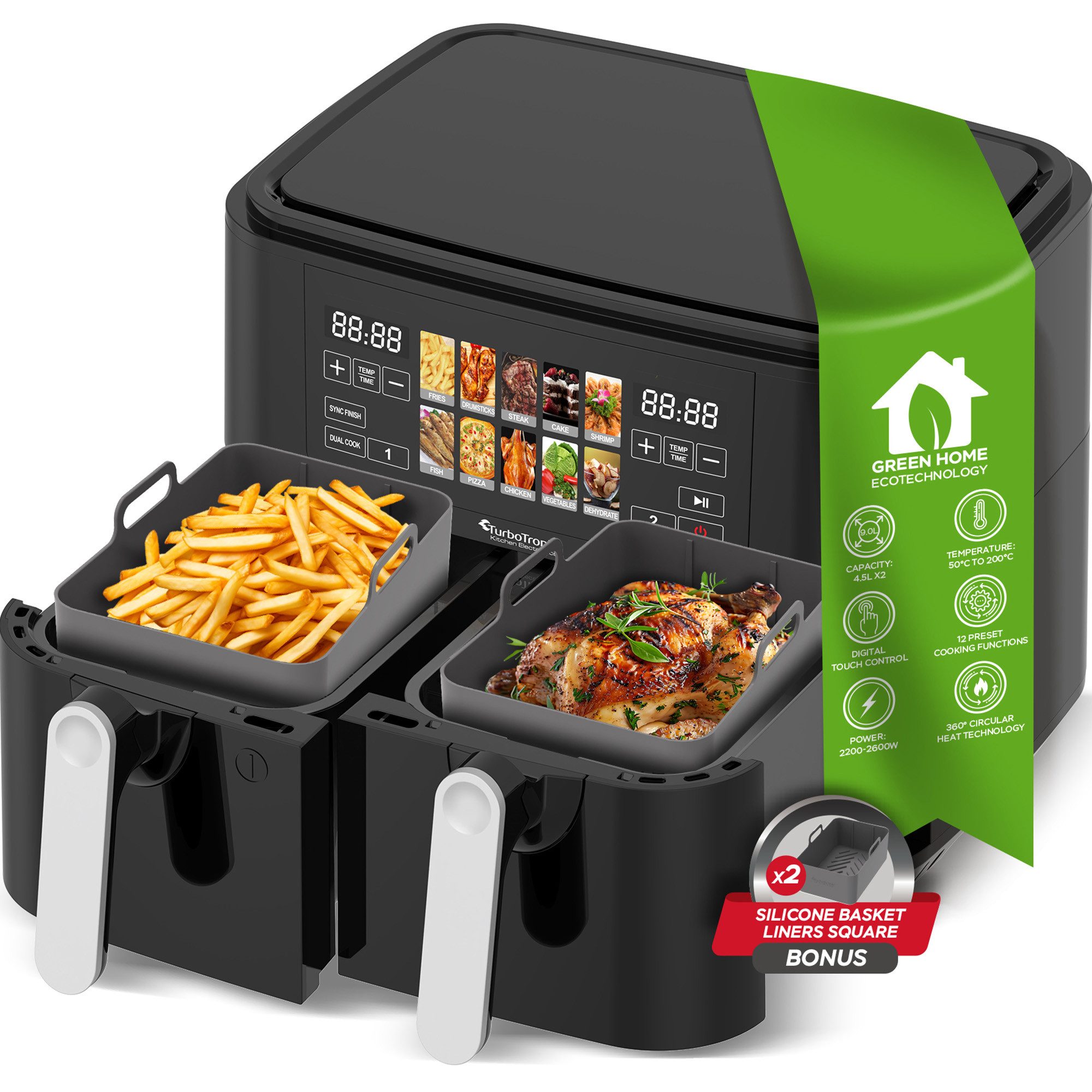 TurboTronic by Z-Line Heißluftfritteuse TT-DAF8, 2600 W, 2600W 12 Programme Touch-Steuerung Friteuse ohne Öl 2x Silikoneinlagen