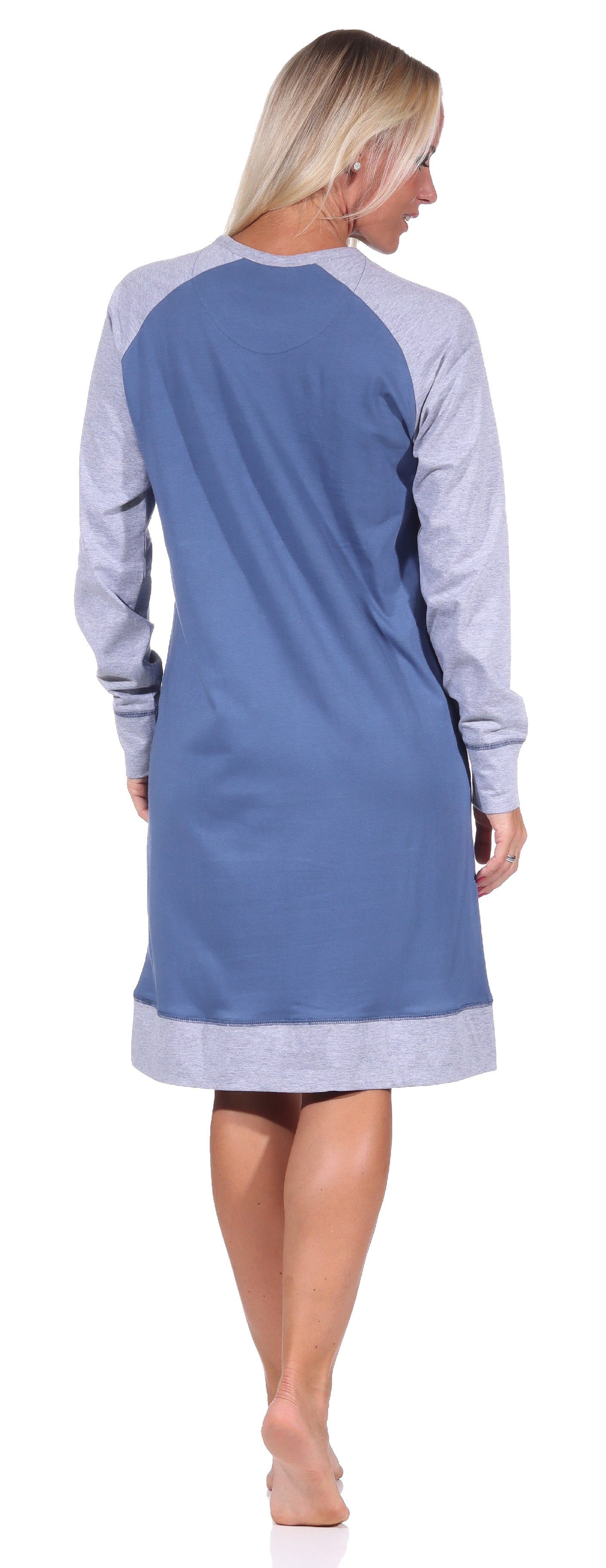 abgesetzten Damen Nachthemd Ärmeln mit im College Nachthemd blau Normann Look und Frontprint