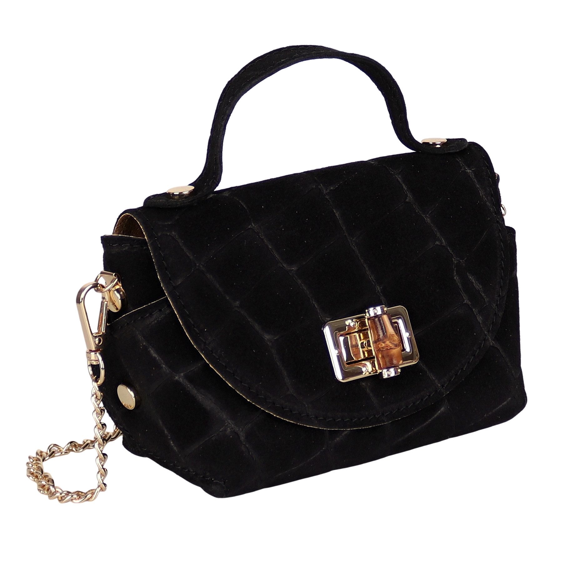 MIRROSI Henkeltasche Damen kleine Tasche aus Echtleder Schultertasche 16,50x10x8,50 cm, Mit goldfarbener Kette, ca. 125 cm lang