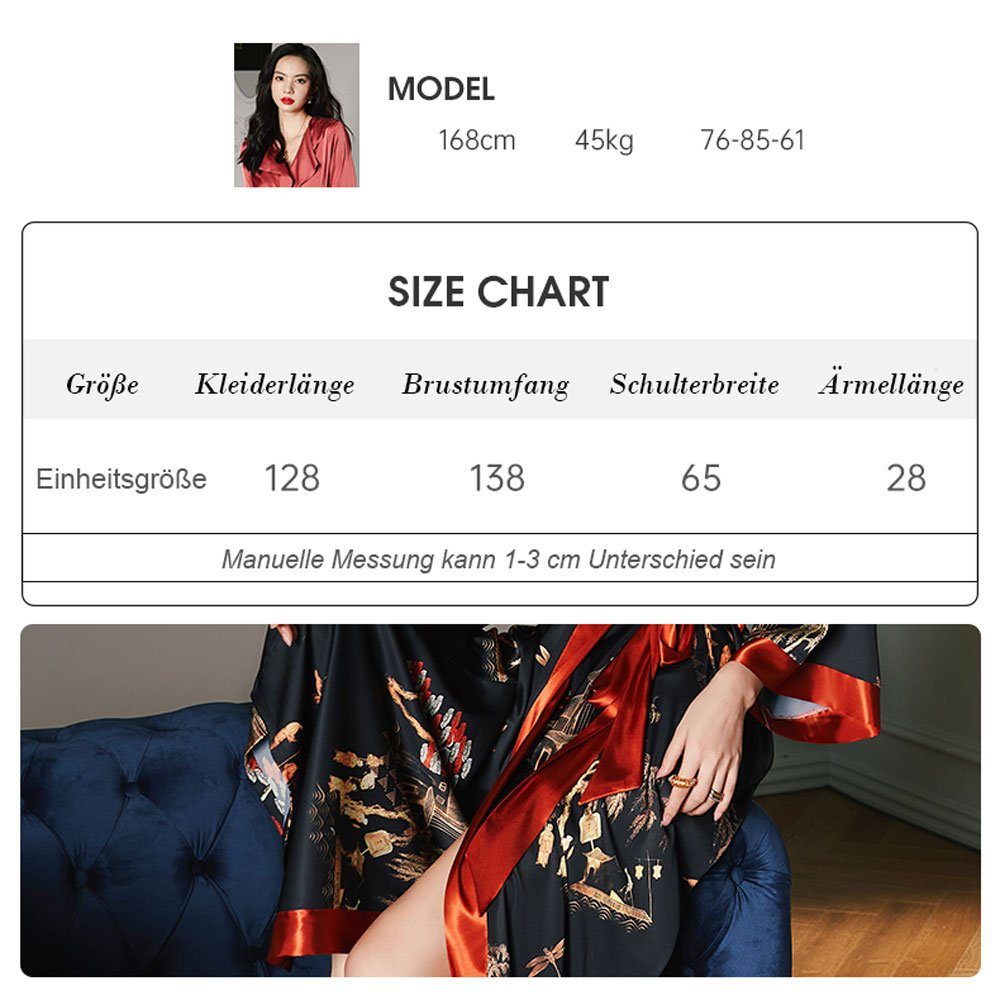 Vivi Idee Morgenmantel Bademantel Schlafmantel kimono lang leicht satin Sauna Einheitsgröße, Kimono-Kragen, Bindegürtel, Seidig – Bild 3 von 5