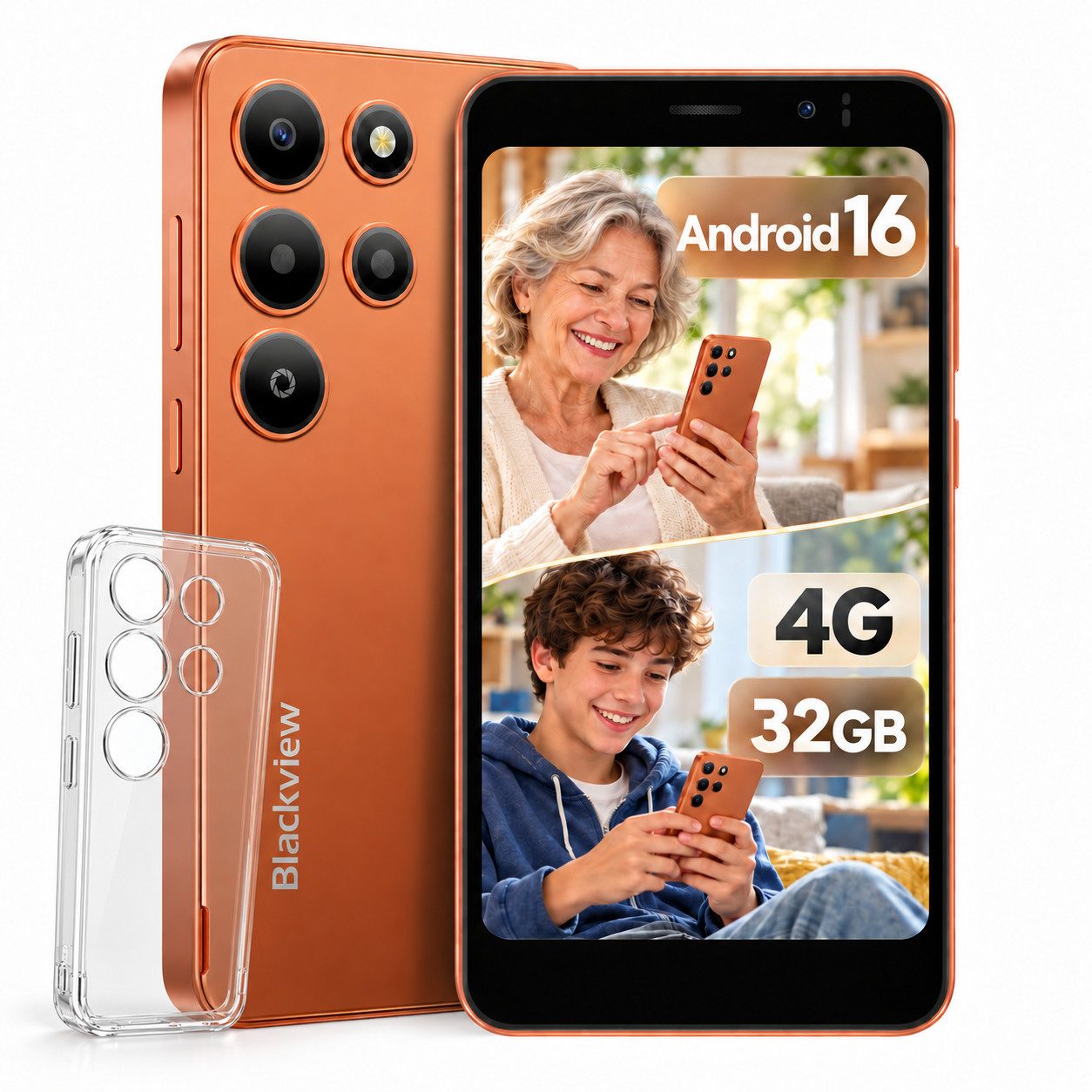 blackview WAVE 2C 5‘’ Handy ohne Vertrag, Android 16, 9GB+32GB, mit Hülle Smartphone (5 Zoll, 32 GB Speicherplatz, 4G Dual SIM, Face ID, 1080P-Video, Google Lens)