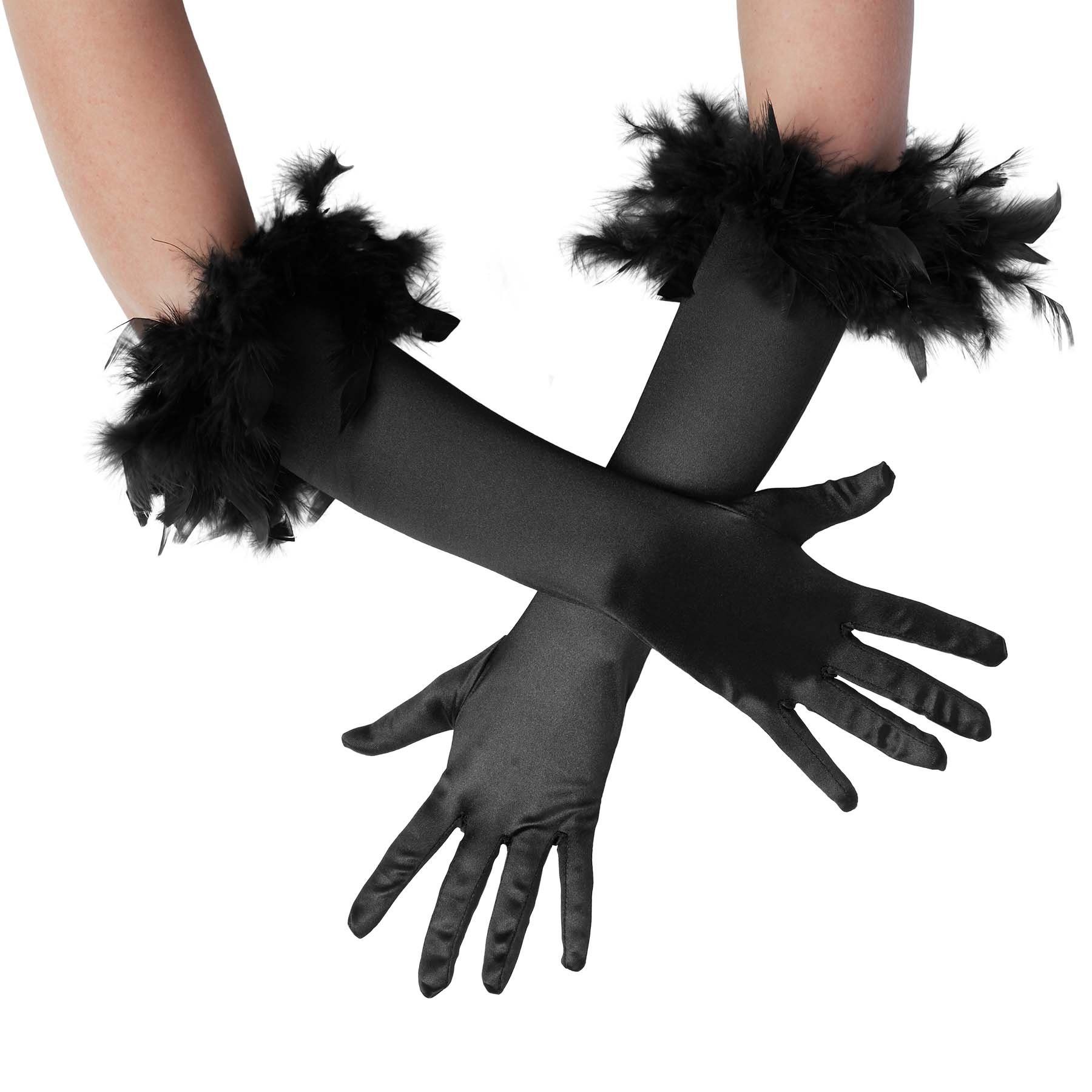 dressforfun Kostüm Lange Satin-Handschuhe mit Federn, Edle Satin-Handschuhe günstig online kaufen