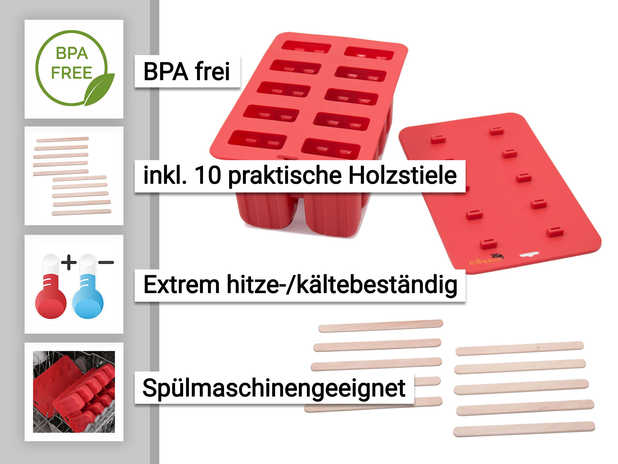 ZOLLNER24 Eisform, (12-tlg), für 10 Eis inkl. 10 Holzstäbchen