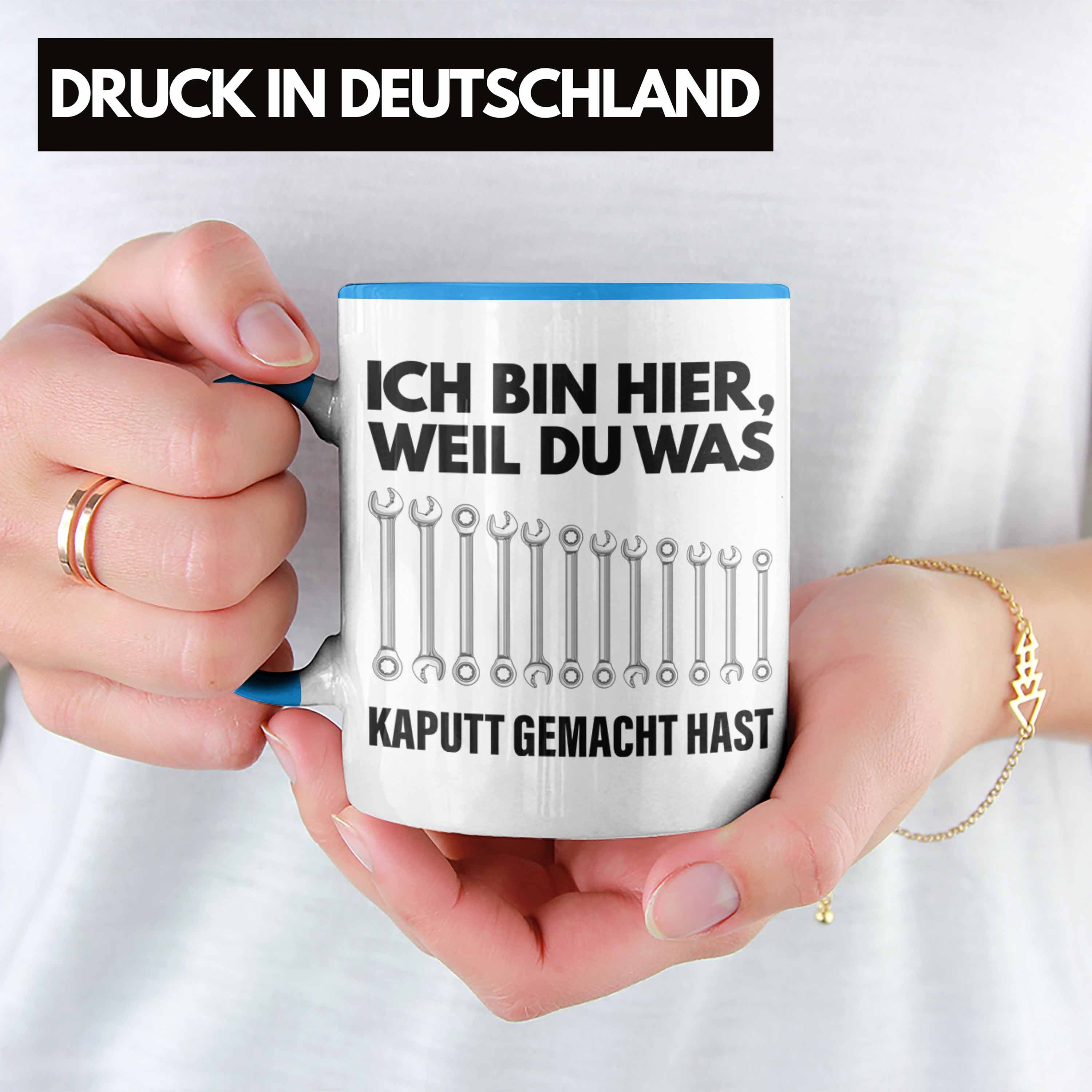 Trendation Tasse Trendation KFZ - Handwerker Werkstatt Hausmeister Blau Automechaniker Tasse Tasse Mechaniker Lustig Geschenk