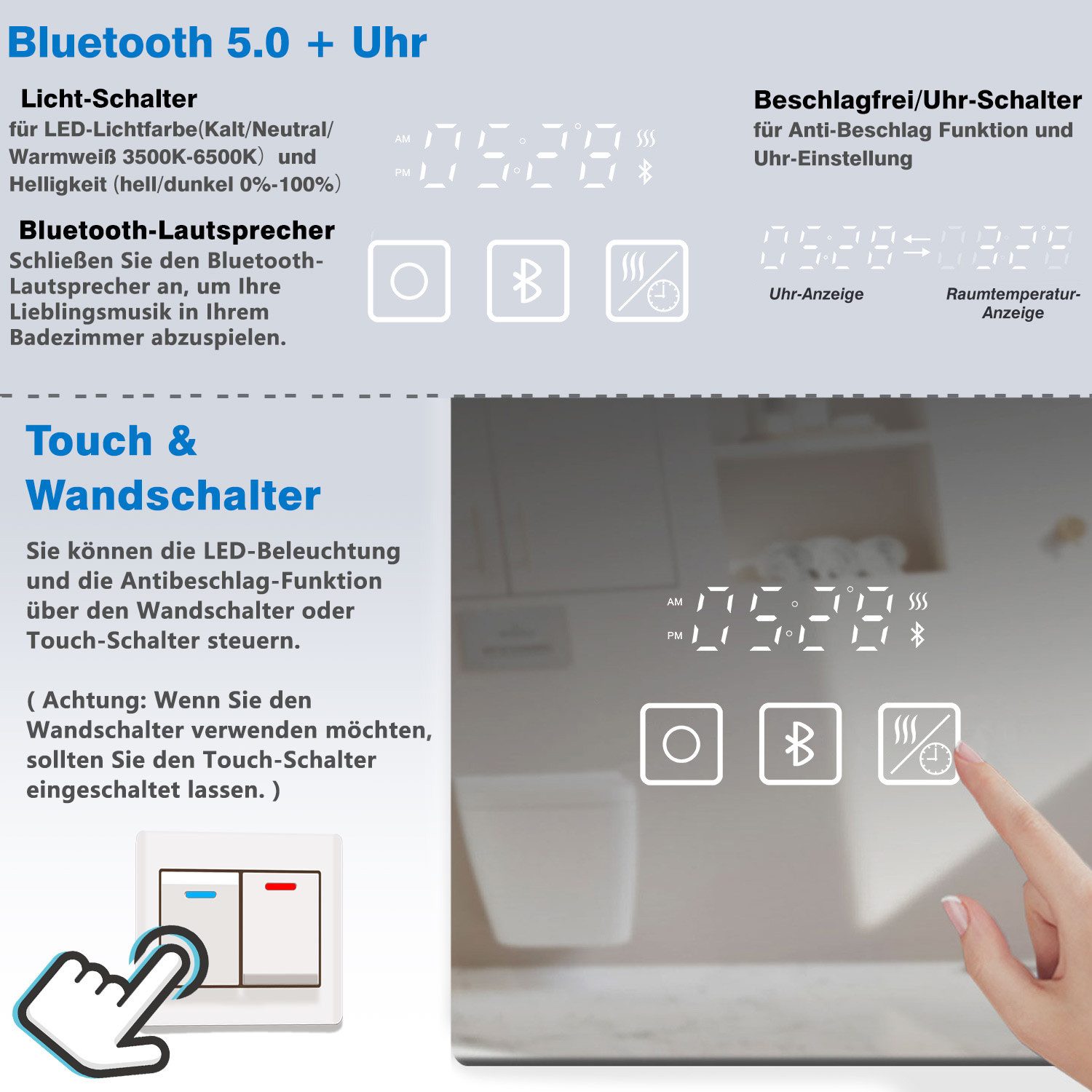 duschspa Badspiegel mit LED Beleuchtung Kalt/Neutral/Warmweiß dimmbar Beschlagfrei, Bluetooth 5.0, Uhr – Bild 5 von 5