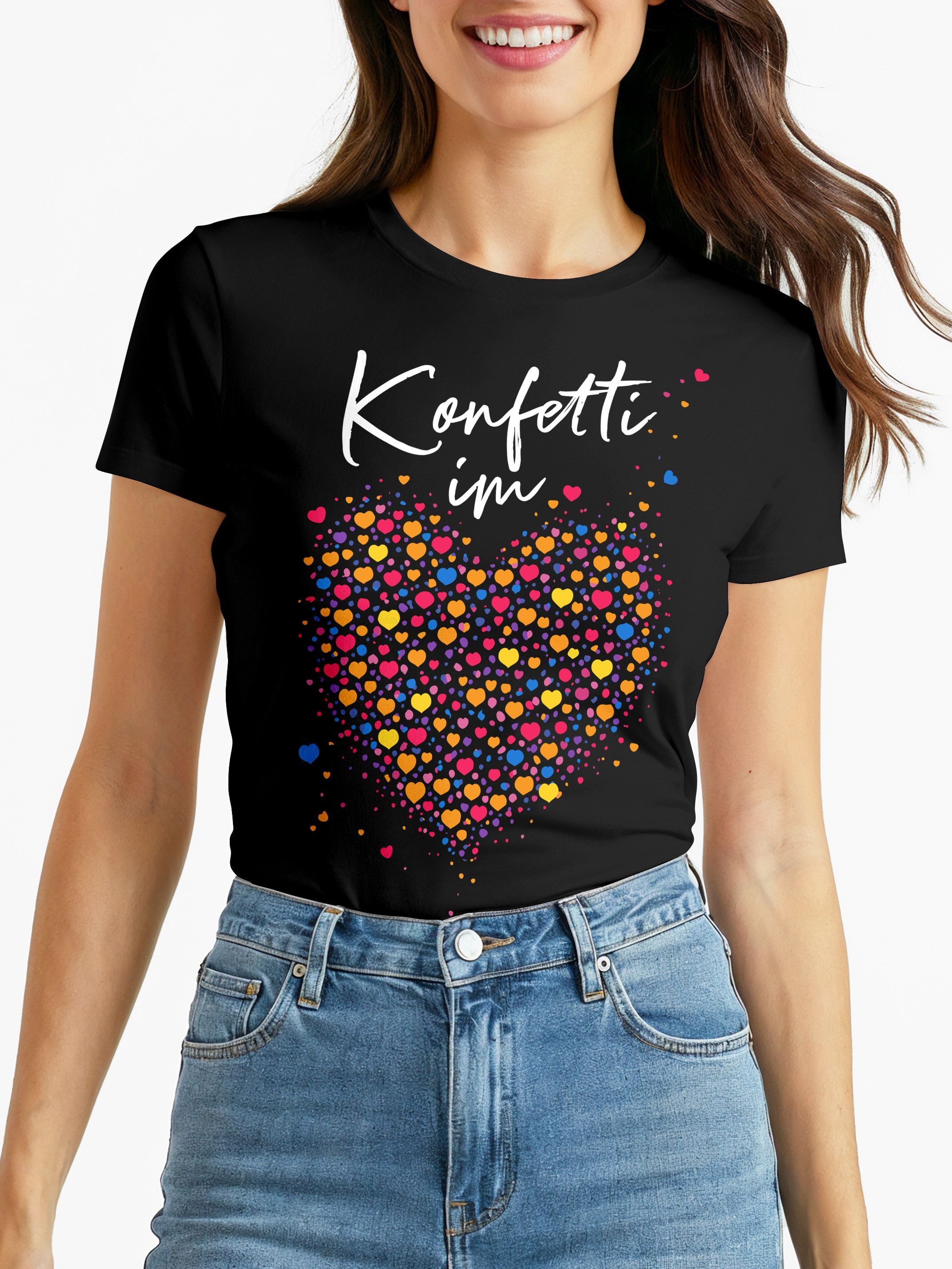 Print-Shirt Damen T-Shirt - Konfetti im Herz - Fasching Karneval Ersatz