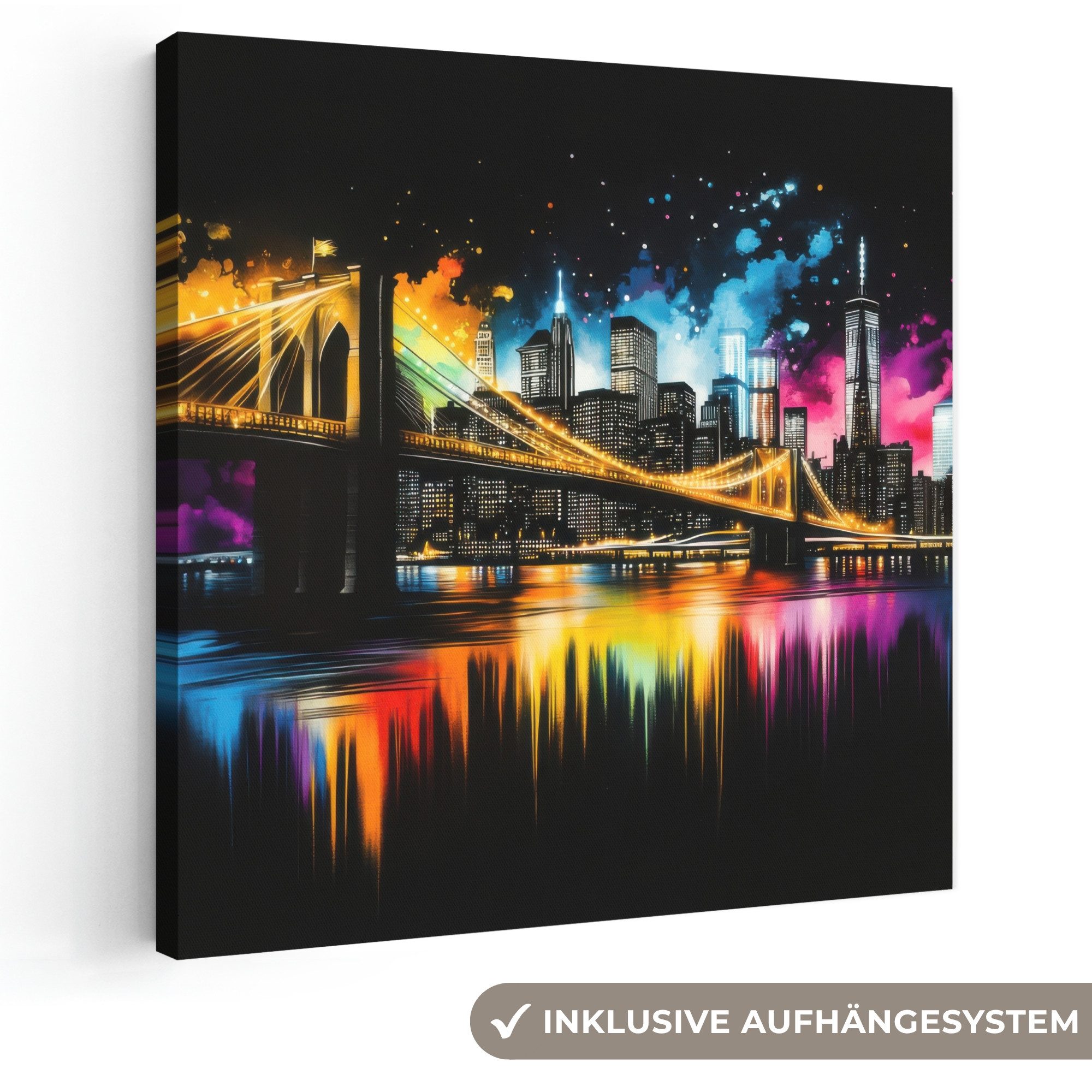 OneMillionCanvasses® Leinwandbild Skyline - Brücke - Beleuchtung - Farben, Fotodruck (1 St), Wandbild, Deko Schlafzimmer Wohnzimmer Flur 20x20 cm