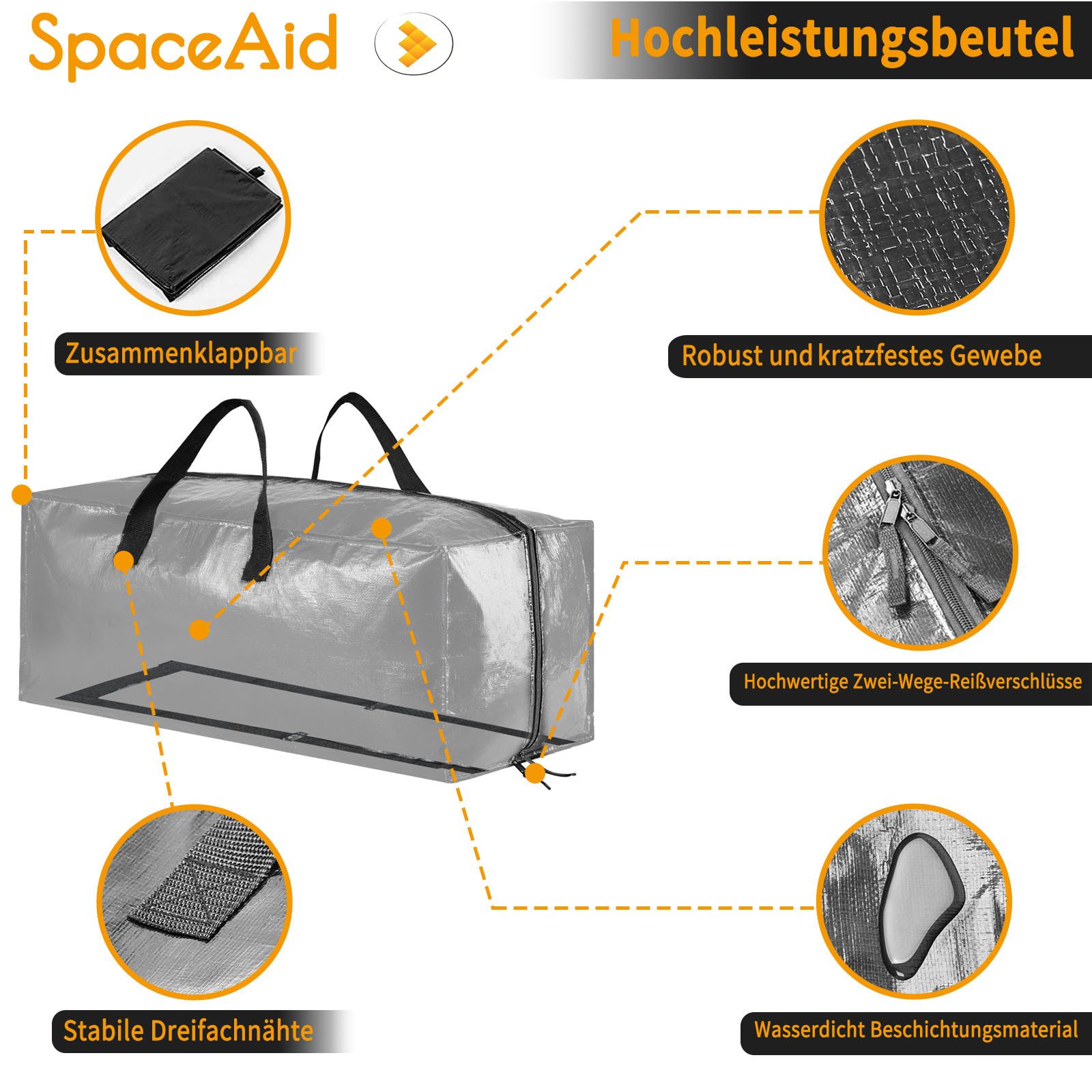 SpaceAid Aufbewahrungstasche Extra große Umzugstaschen (robuste Aufbewahrungsbeutel mit Doppelreißverschluss, 8-tlg), 8 Stück – Bild 4 von 5