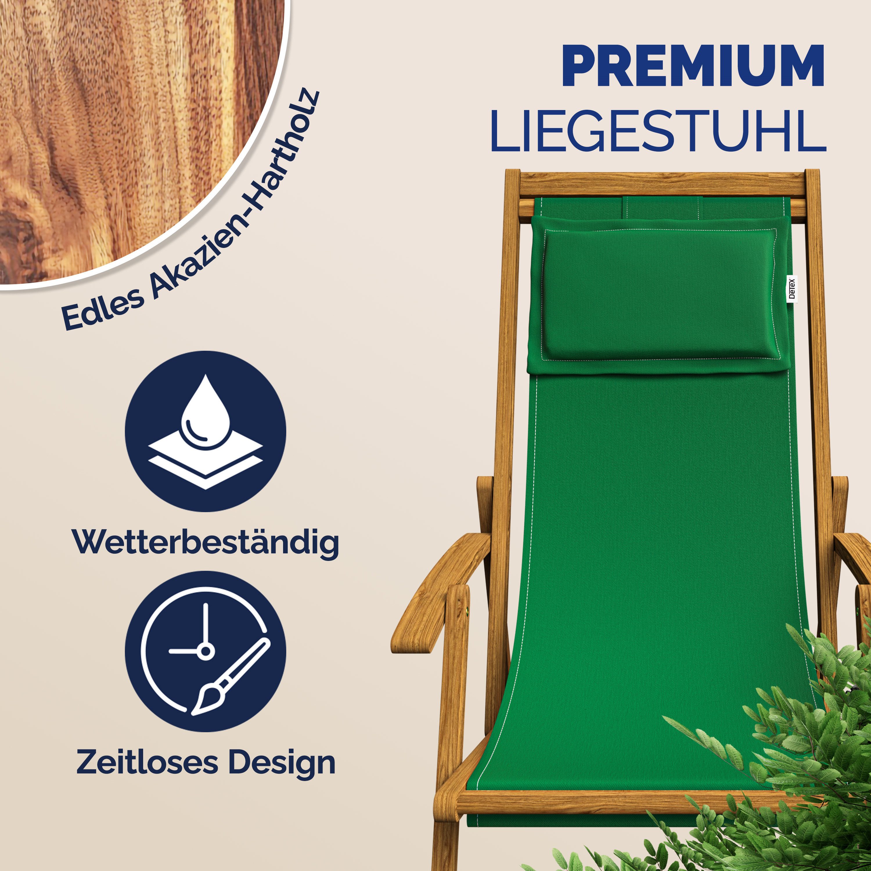 Casaria Gartenliege Grün, 160kg Belastbar Armlehne Nackenkissen Klappbar Verstellbar