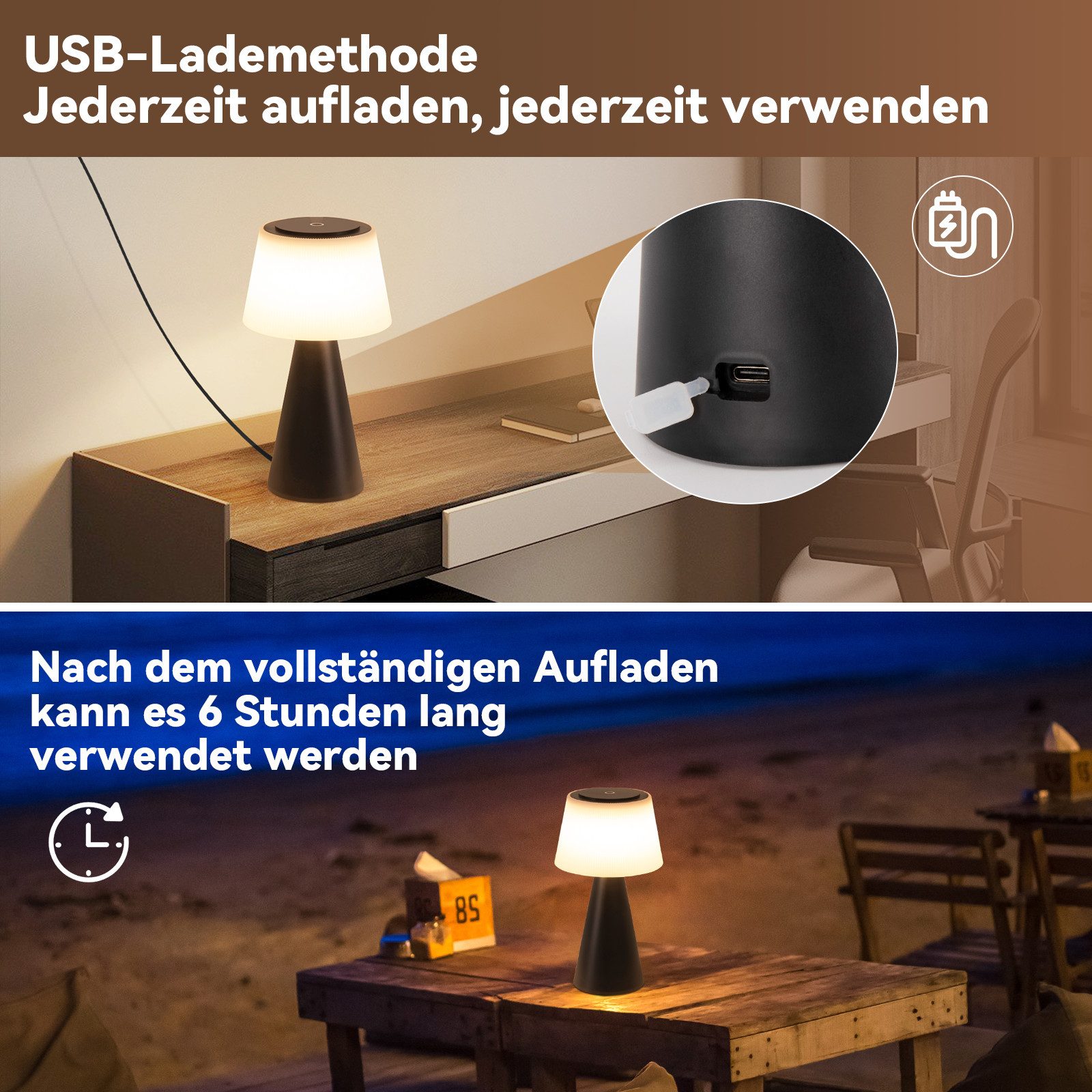 ZMH LED Tischleuchte kabellose Akku Tischlampe mit USB-C, Touch-Dimmer, 3 Helligkeitsstufen, Lichtfarbe 3000–6500 K, 3600 mAh, LED fest integriert, Warmweiß, fü – Bild 5 von 5