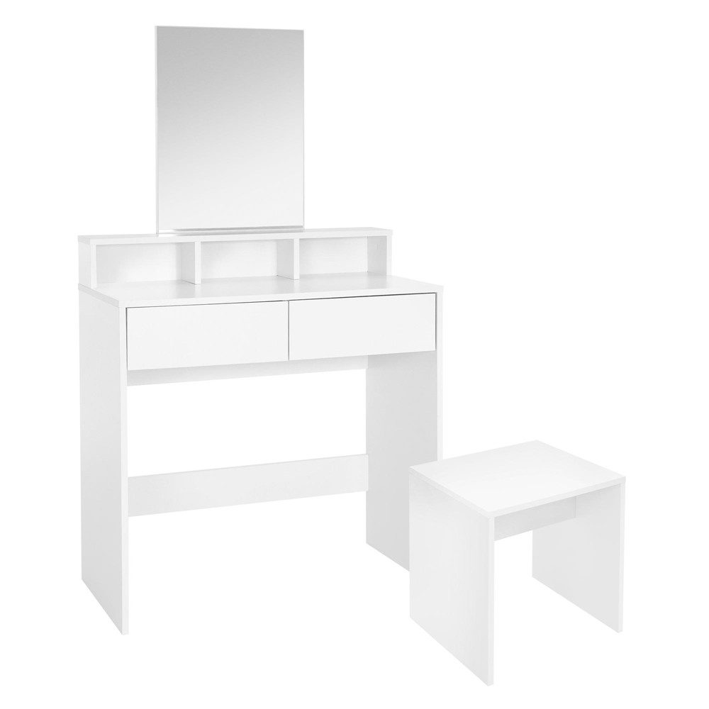 ML-DESIGN Schminktisch Frisierkommode aus MDF Holz mit Spiegel & 2 Schubladen Make-up Tisch, Kosmetiktisch 80x40x140 cm Weiß + Hocker Modern Kommode Frisiertisch