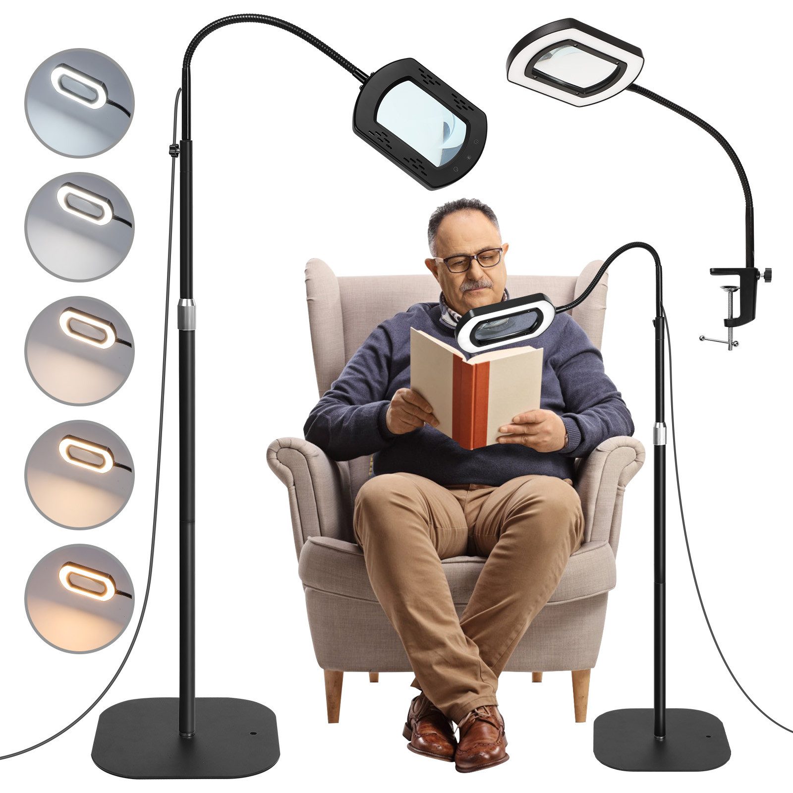 VIVIHEYDAY Lupenlampe 10X Echte Glaslinsen Lupe mit Licht und Ständer, Flexible, Schwanenhals-Lupe Stehlampe, 5 Farbmodi Stufenlos Dimmbar, 3-in-1 LED, Vergrößerungslampe Standlupe Hände frei zum Lesen Malen