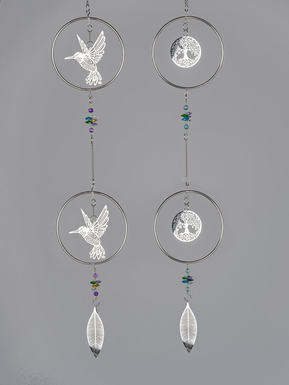formano Dekohänger 2er Set Fensterdeko Hänger Edelstahl Kreis Hängedeko mit Vogel & Baum (2-er Set)