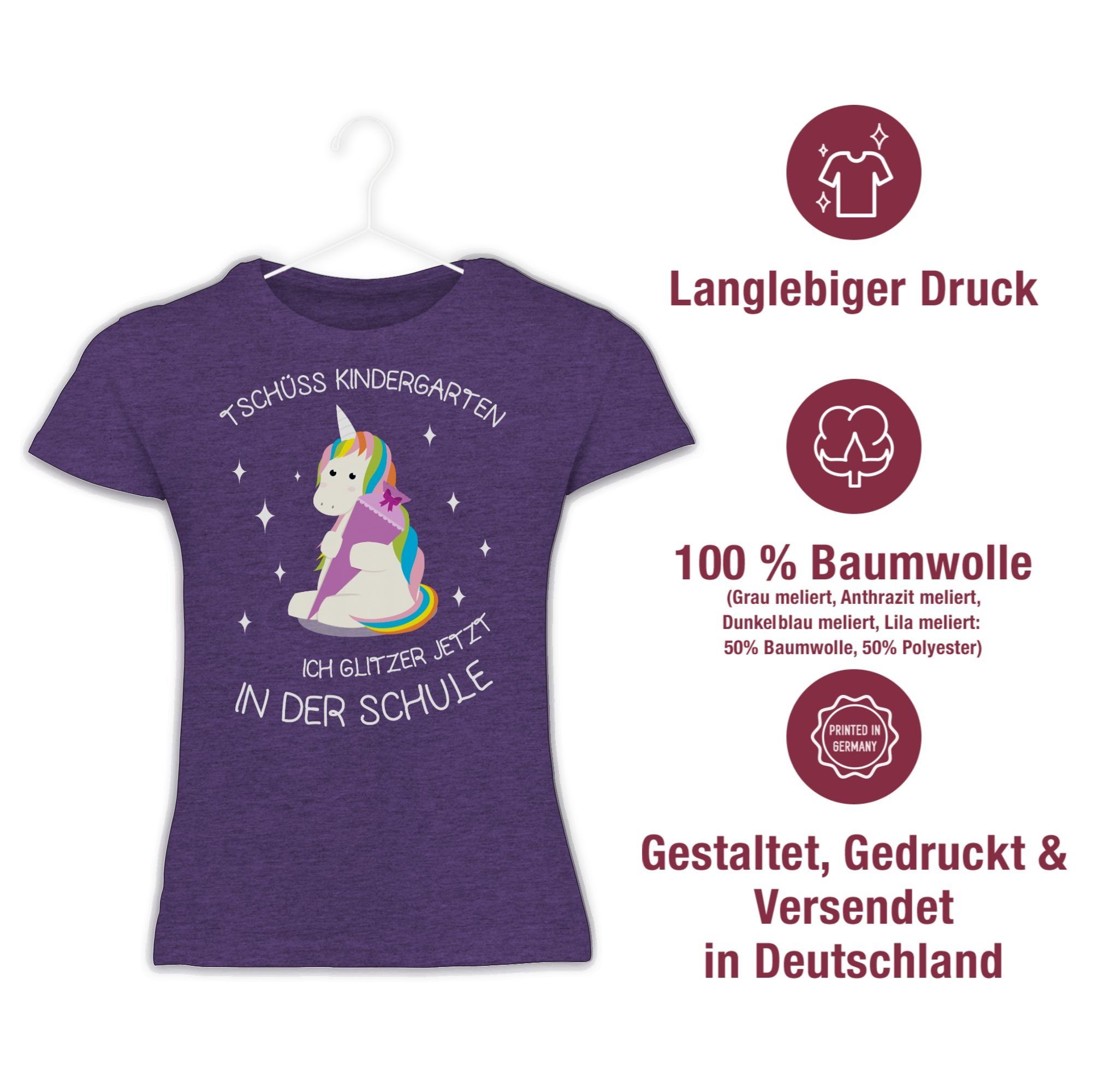 Shirtracer T-Shirt Tschüss Kindergarten Meliert Einschulung Mädchen Lila 2 Einhorn