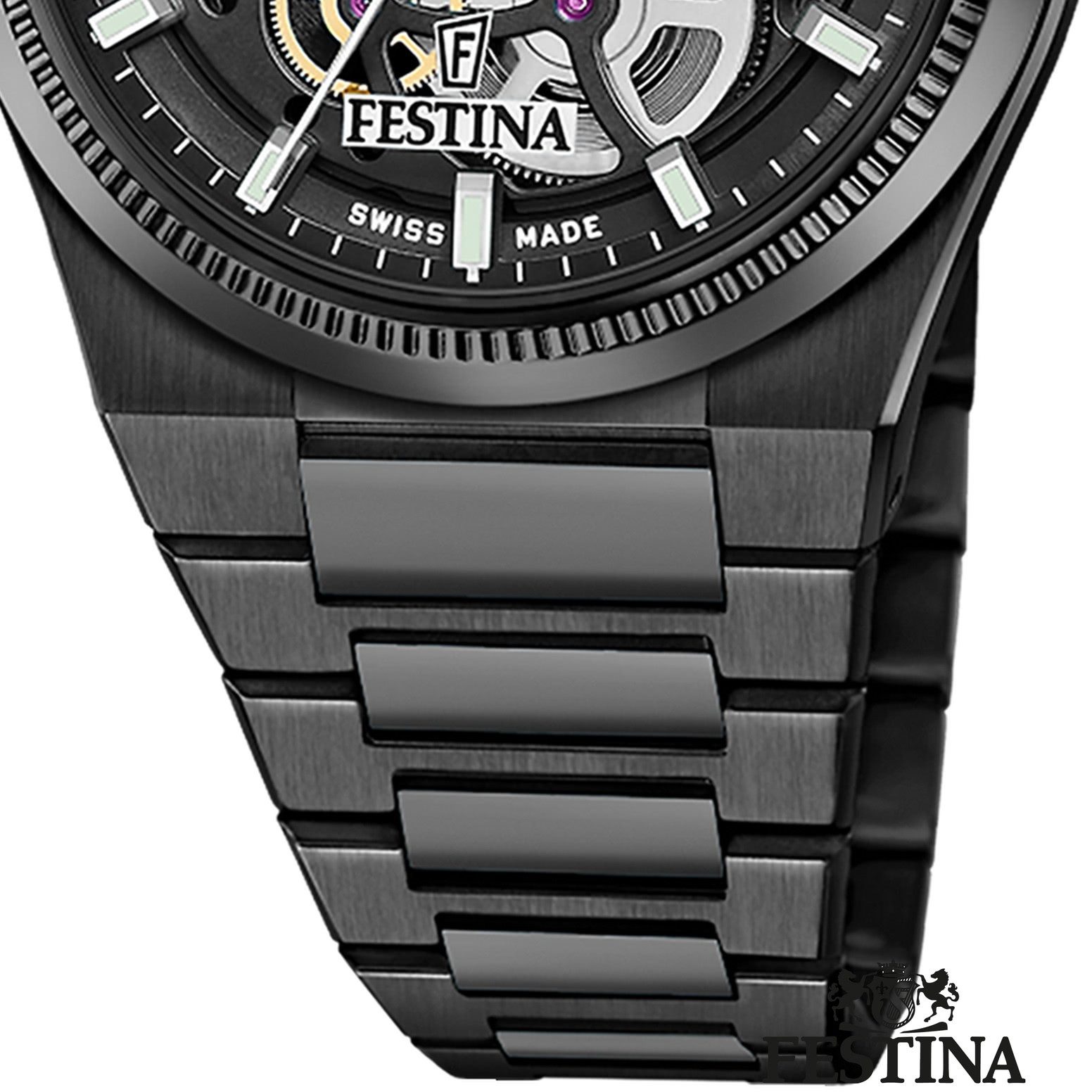 Festina Automatikuhr Festina Herrenuhr Swiss Made Armbanduhr, (Analoguhr), Herren Armbanduhr rund, Edelstahlarmband schwarz, Elegant