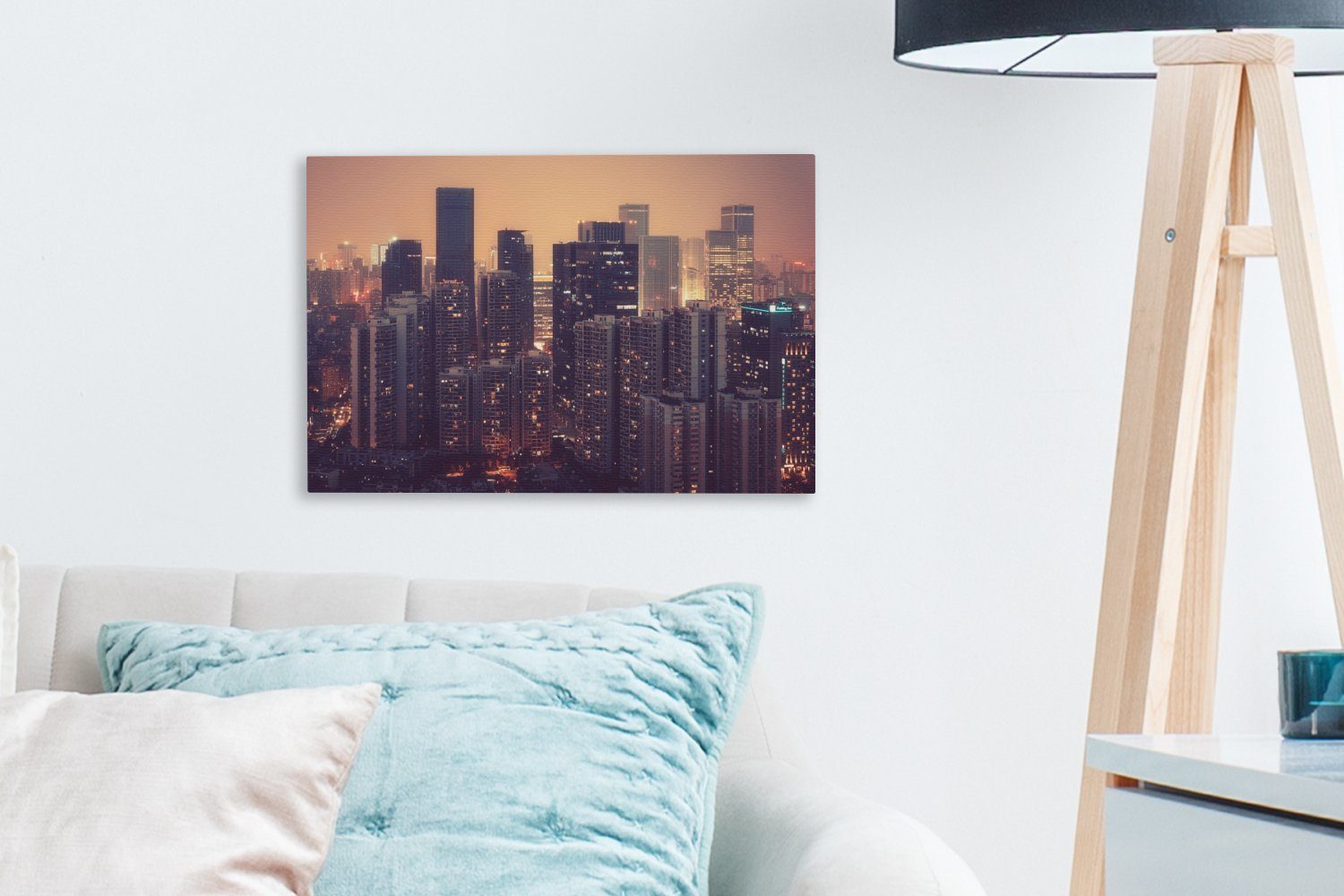 OneMillionCanvasses® Leinwandbild Skyline der Wandbild Aufhängefertig, Nacht, Stadt in Wanddeko, 30x20 Leinwandbilder, China cm St), Chengdu (1 bei