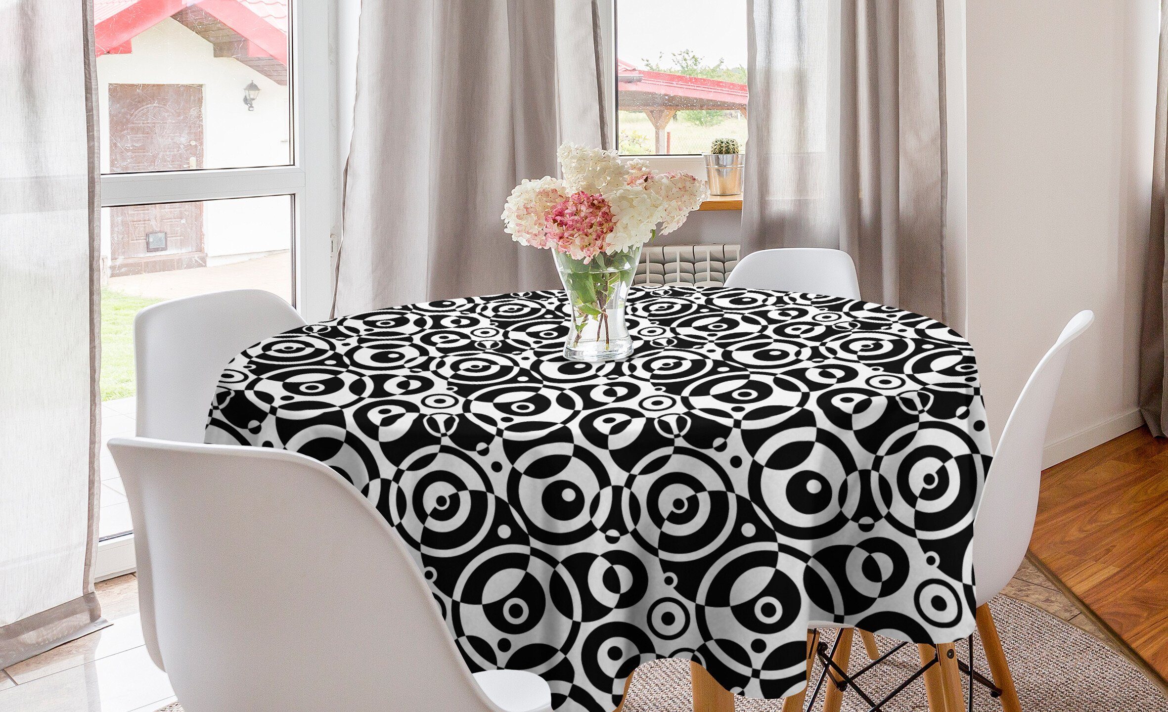 Abakuhaus Tischdecke Kreis Tischdecke Abdeckung für Esszimmer Küche Dekoration, Schwarz und weiß Kreis und Punkte