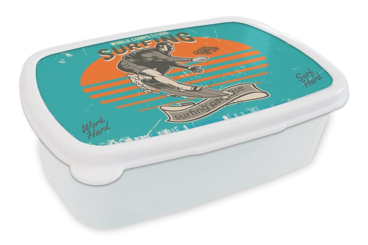 Mädchen Lunchbox und Jungs MuchoWow und Surfen Brotdose, - für (2-tlg), weiß Erwachsene, für Kunststoff, Surfbrett, - Kinder Brotbox Vintage