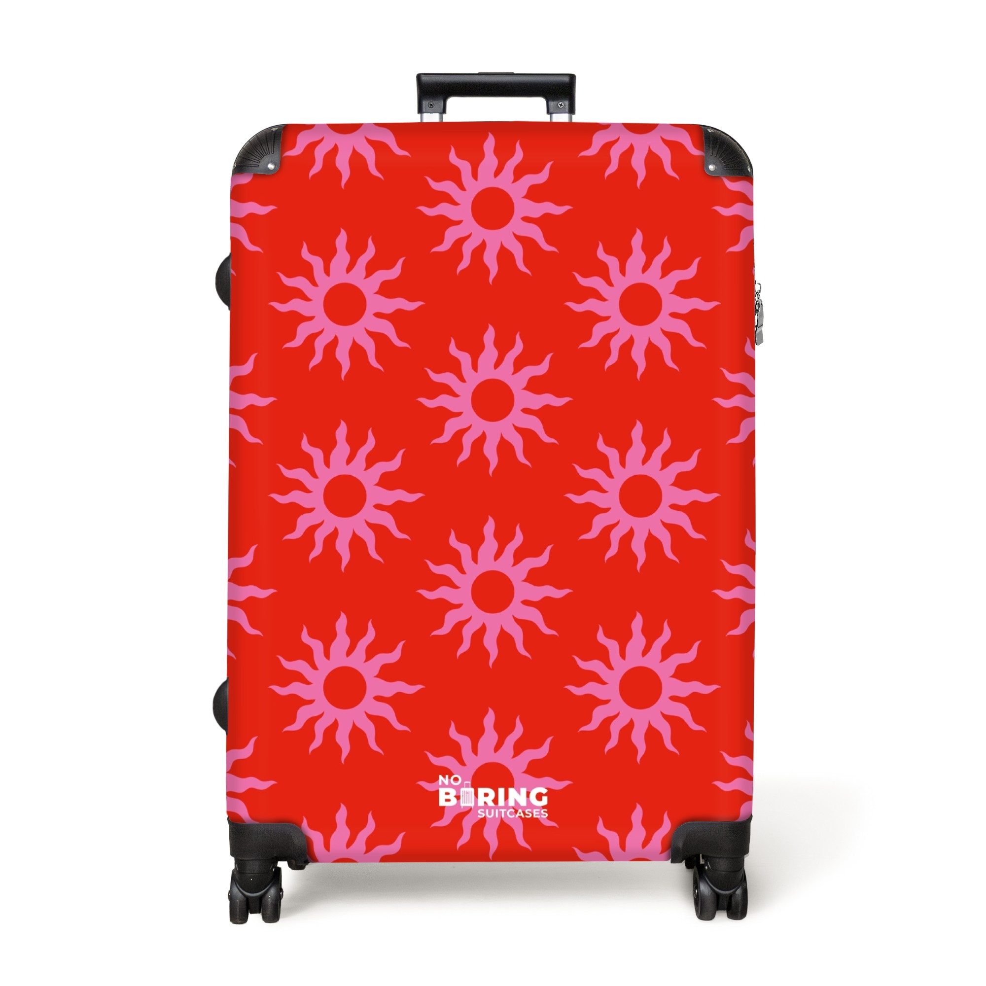 NoBoringSuitcases.com© Hartschalen-Trolley Rot mit rosa Sonnen günstig online kaufen