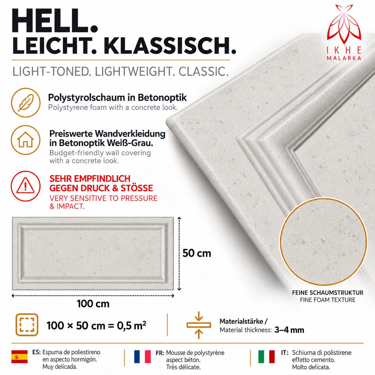 IKHEMalarka 3D Wandpaneel Betonoptik Marmor Ziegel aus Polystyrol Styropor XPS, BxL: 50,00x100,00 cm, 0,50 qm, (1 Stück, 0,5m) Deckenpaneelen - 3mm dick - 100x5 – Bild 3 von 5