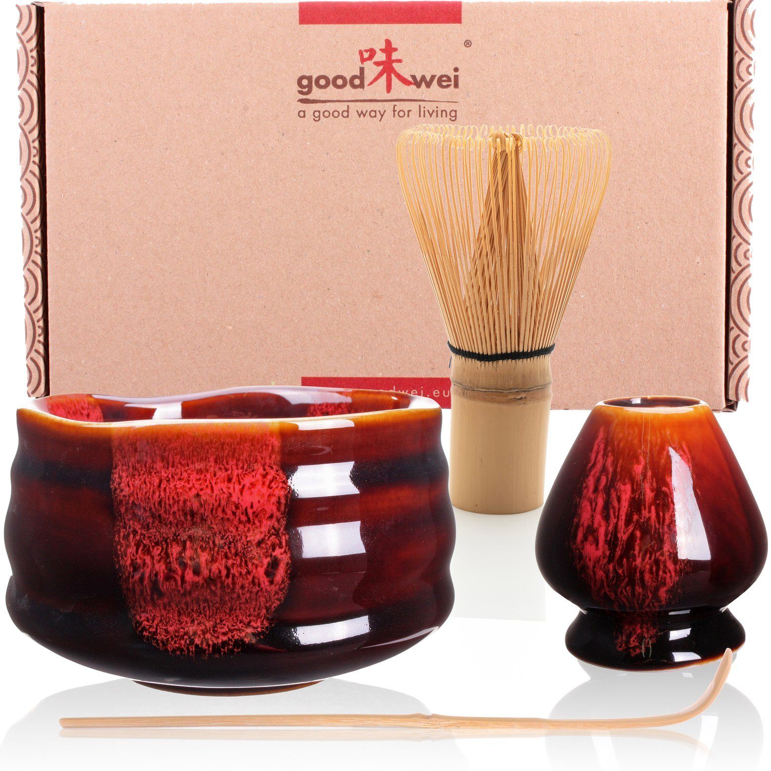 Goodwei Teeservice Matcha-Set "Akai" 80 mit Teeschale, Matchabesen und Besenhalter (4-tlg), Keramik