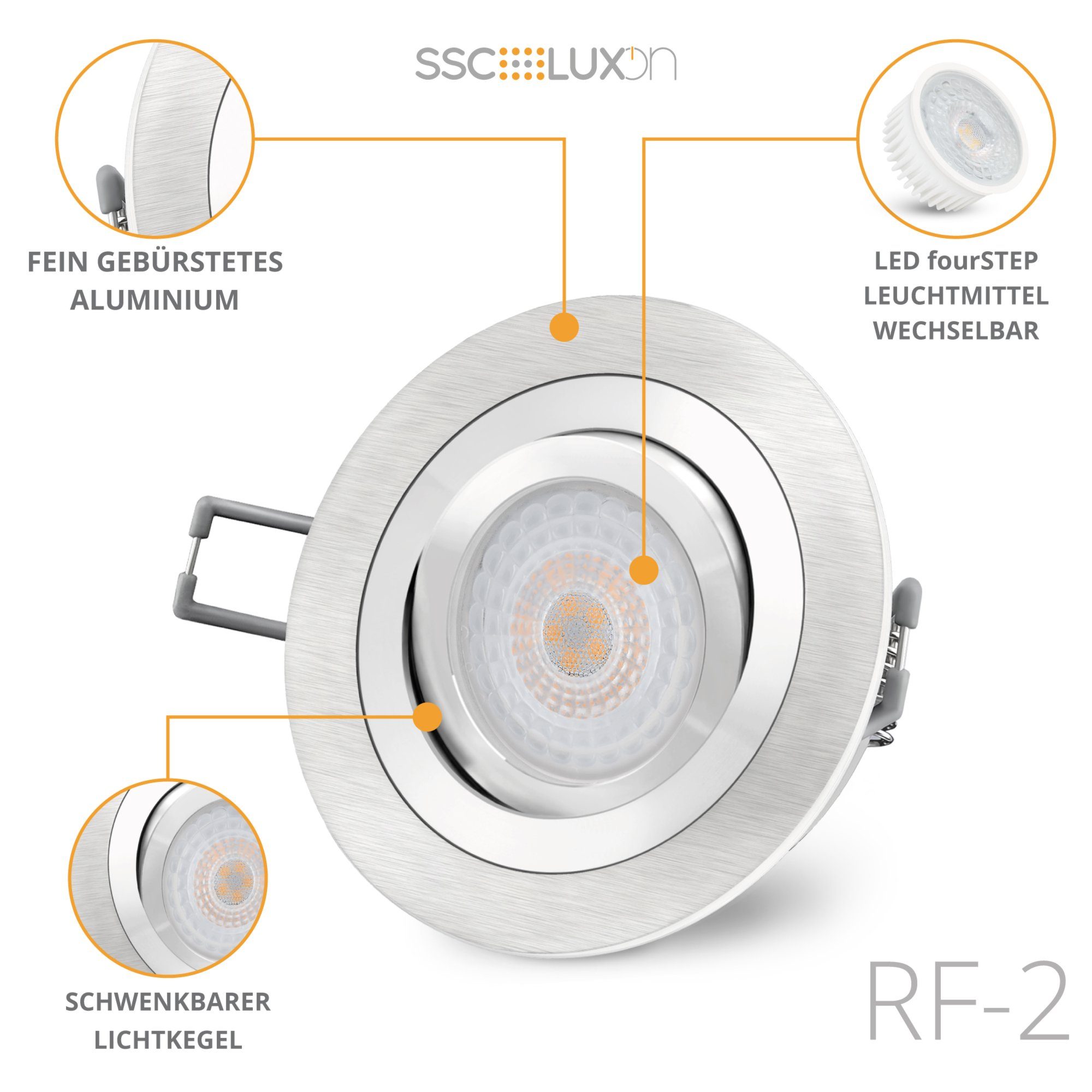 SSC-LUXon LED Einbaustrahler RF-2 LED Einbauleuchte flach & schwenkbar in Alu gebuerstet, Neutralweiß