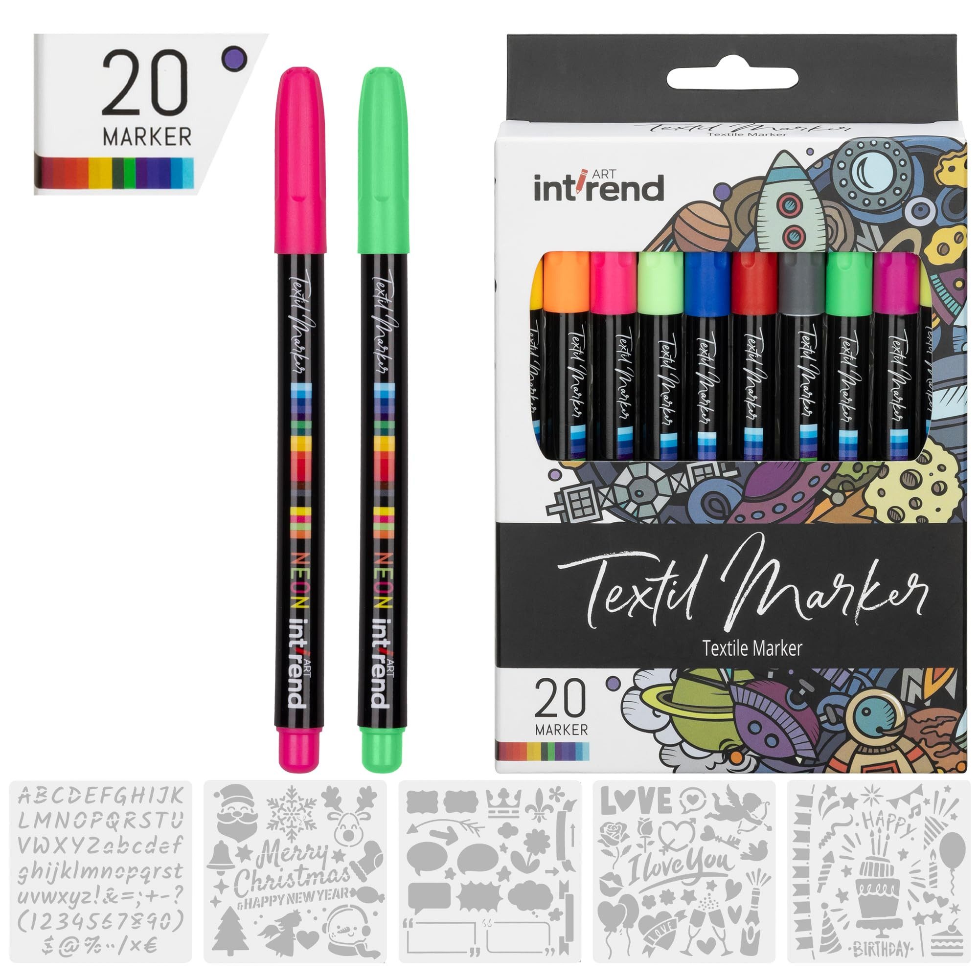 int!rend Permanentmarker 20 bunte Stoffmalfarben waschfest und 5 Schablonen - Stoffmalfarbe, (20-tlg), Textilstifte waschmaschinenfest 25er Set - Textilfarbe Textilmarker