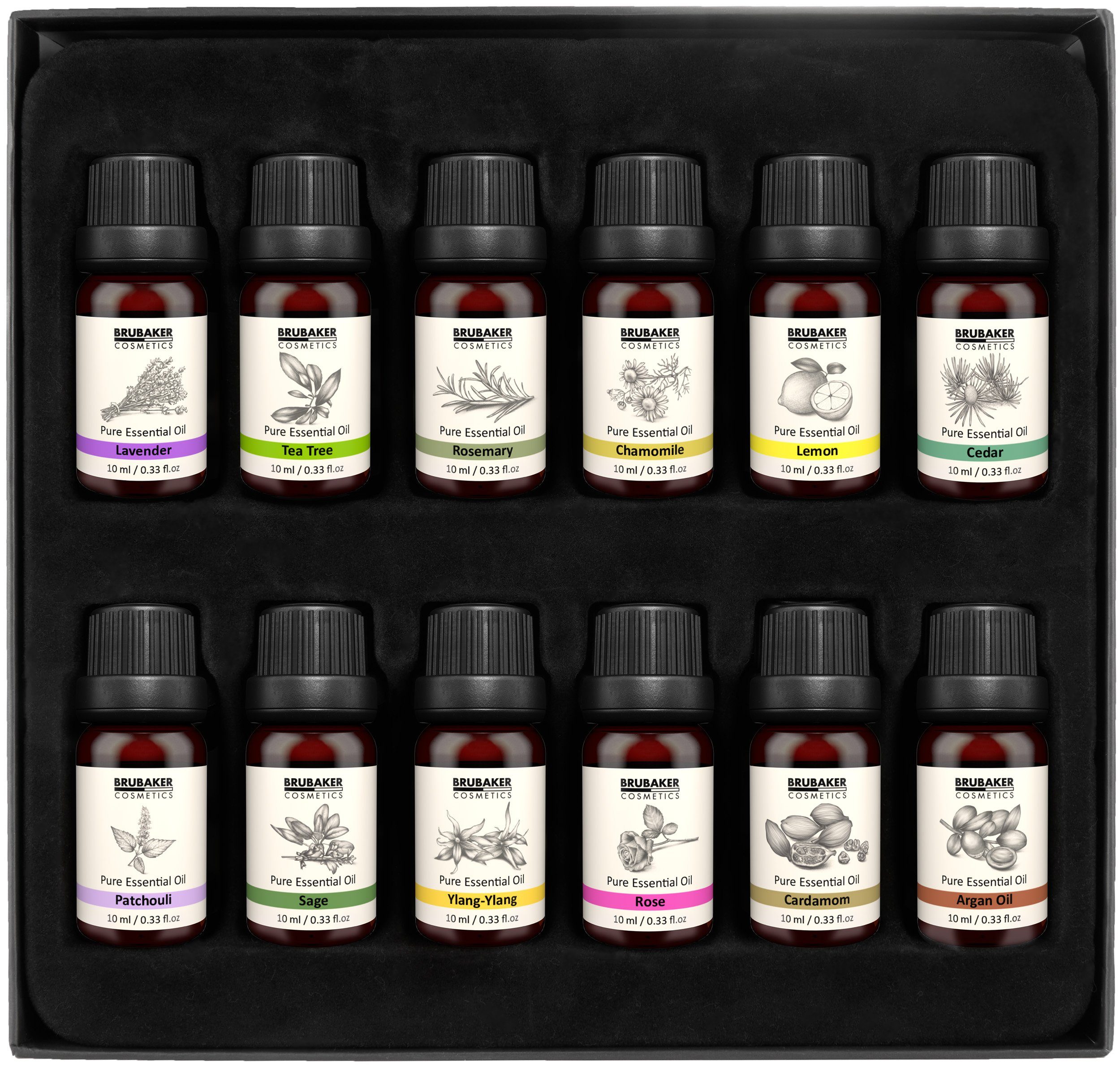 BRUBAKER Duftöl 12er-Set Ätherische Öle 12 x 10 ml (Patchouli Salbei Ylang-Ylang Kardamom Argan Teebaum, Lavendel Rose Rosmarin Kamille Zitrone Zeder), Ätherische Öle Aromatherapie Geschenkset