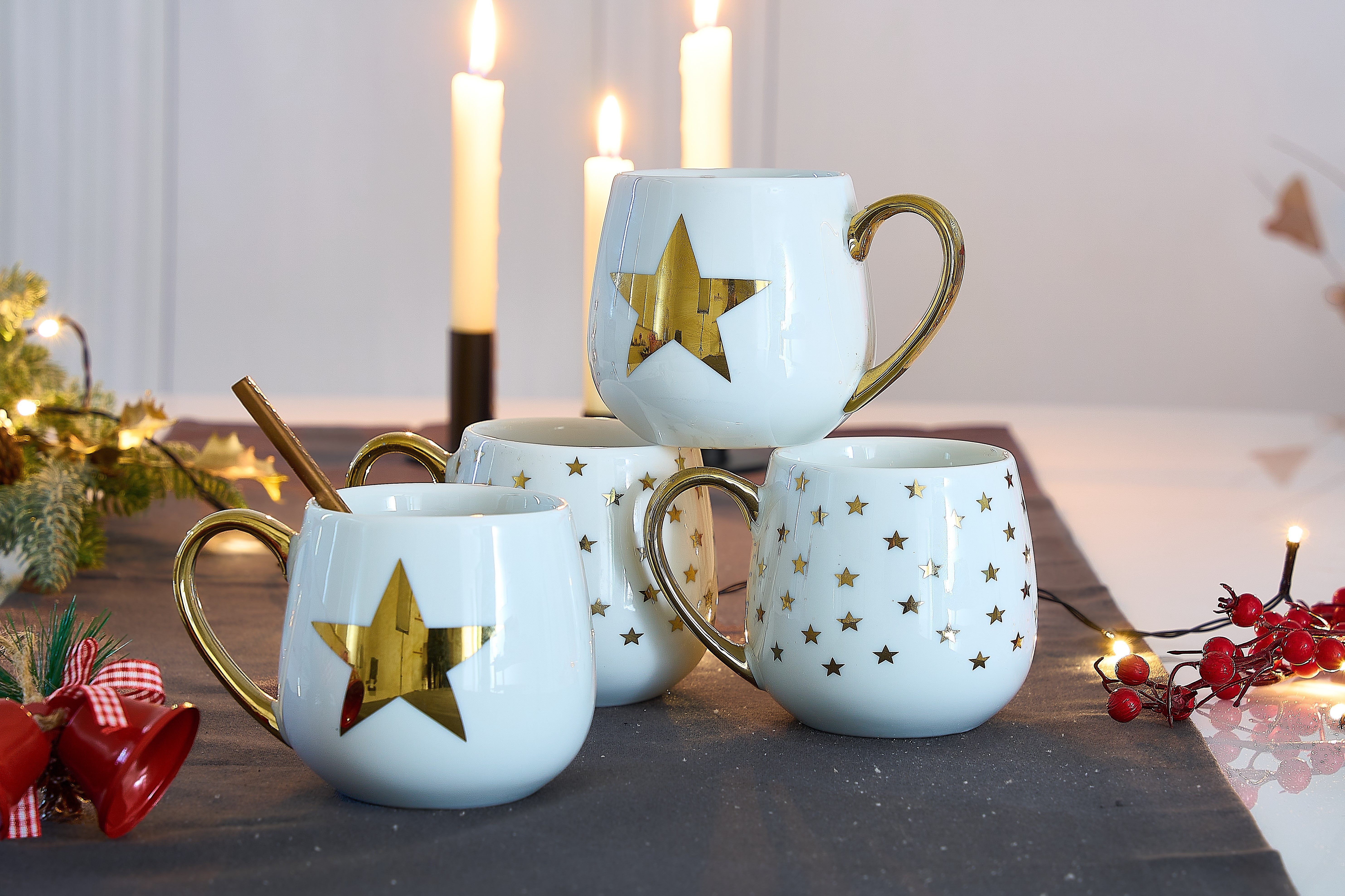 Retsch Arzberg Becher GOLD STAR, 4-tlg., Porzellan, zwei verschiedenen goldenen Sterndekoren im Set sortiert, 4-teilig