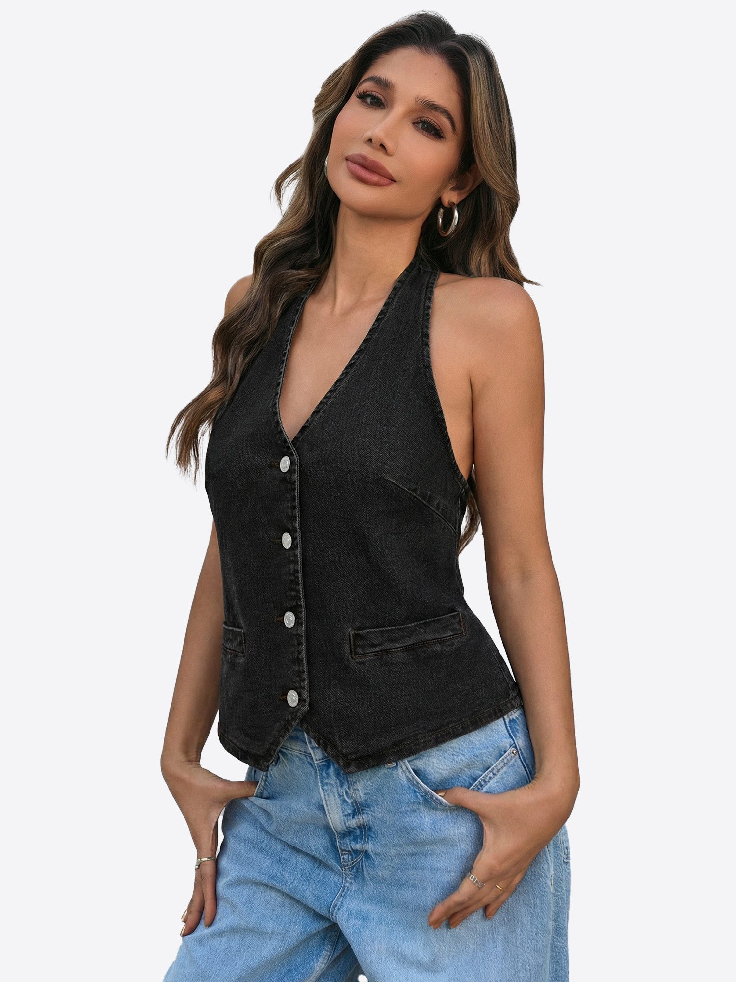 Imily Bela Jeansweste Damen Weste mit V-Ausschnitt und Rückenausschnitt (Packung, 1-tlg., 1per-Pack) mit Knöpfen