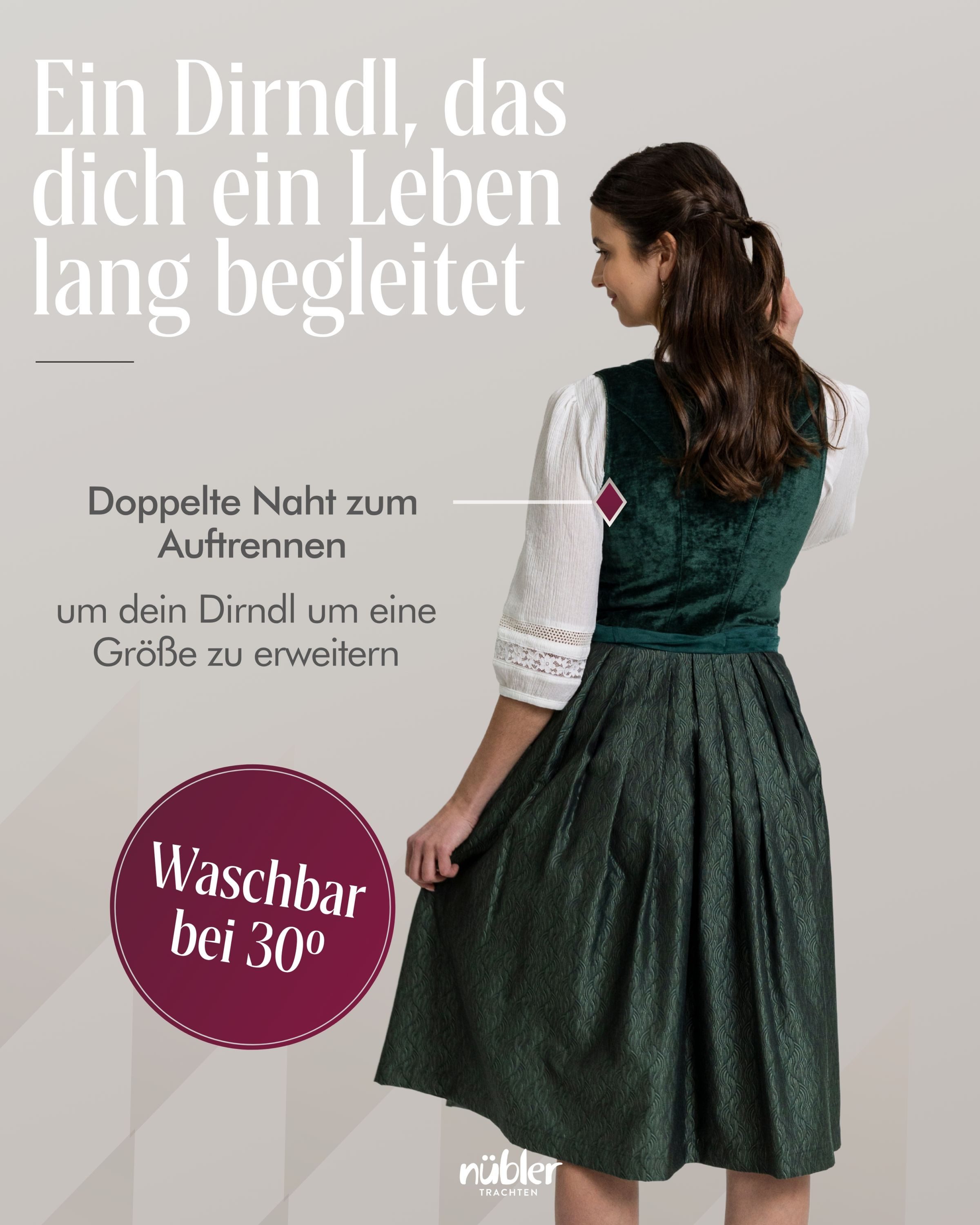 Nübler Dirndl Midi Dirndl Klarissa in Tanne von Nübler - Rocklänge 70 cm