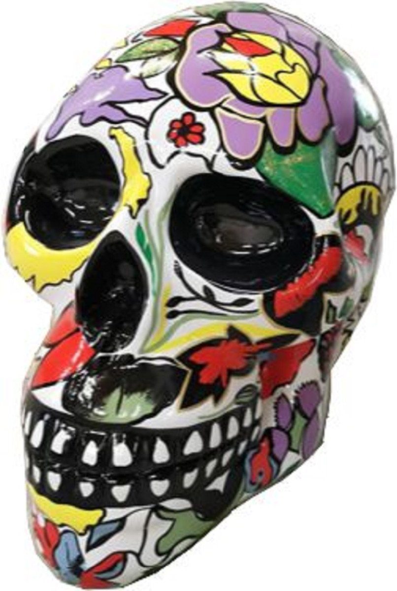 Skulptur Designer Deko Skulptur Totenkopf Mehrfarbig / Schwarz 44 x 58 x H. 66 cm - Wetterbeständige Dekofigur - Wohnzimmer Deko - Garten Deko
