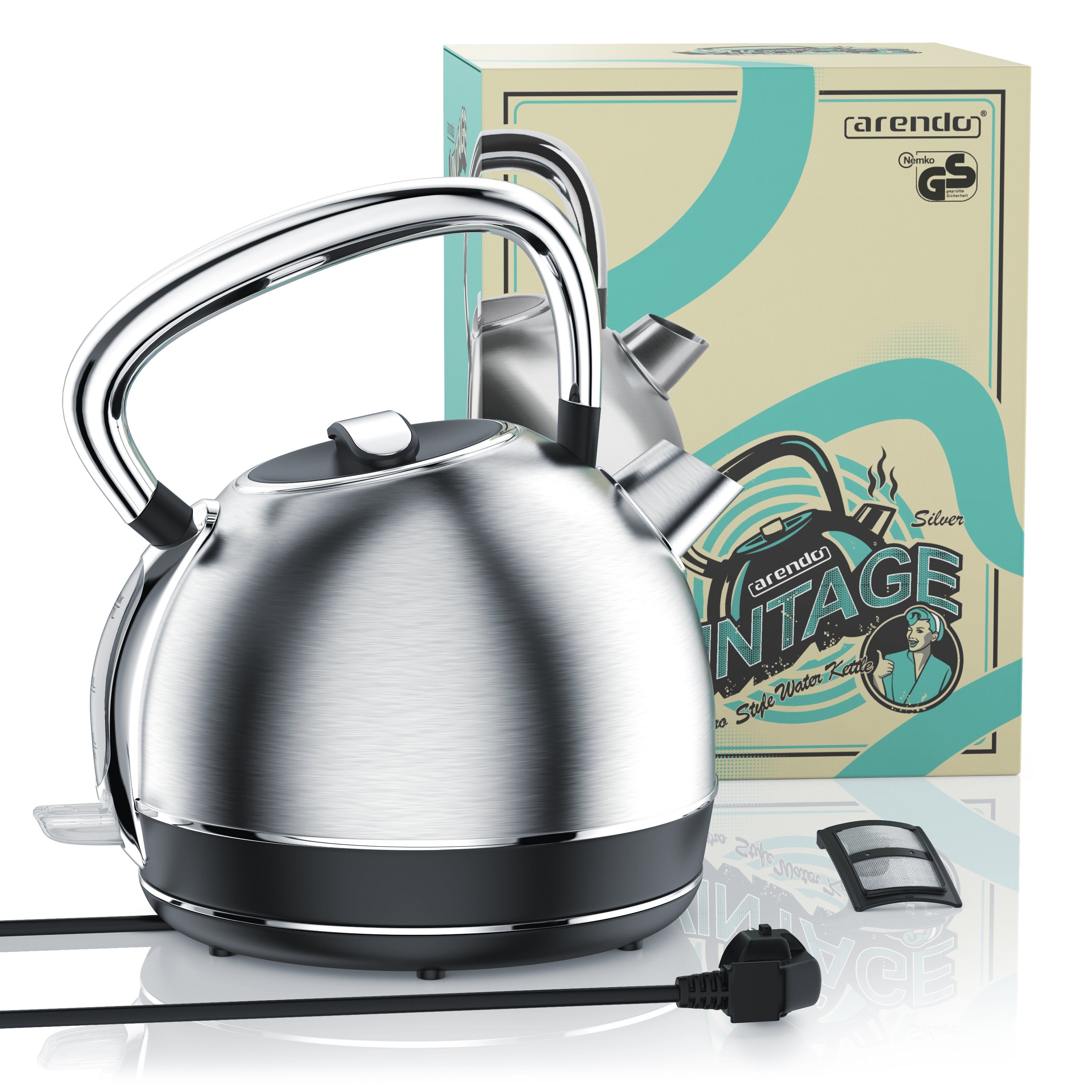 Arendo Wasserkocher Retro Edelstahl Teekessel im Vintage Style, GS Geprüft, Silber, 1,7 l, 2200 W, Überhitzung & Trockenkochschutz, automatische Abschaltung, Kalkfilter